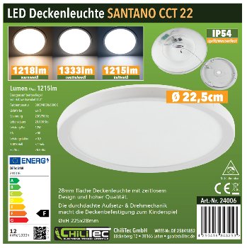 LED Deckenleuchte "Santano CCT 22" IP54, Ø 22,5cm, 12W,  CCT 3000-6000K