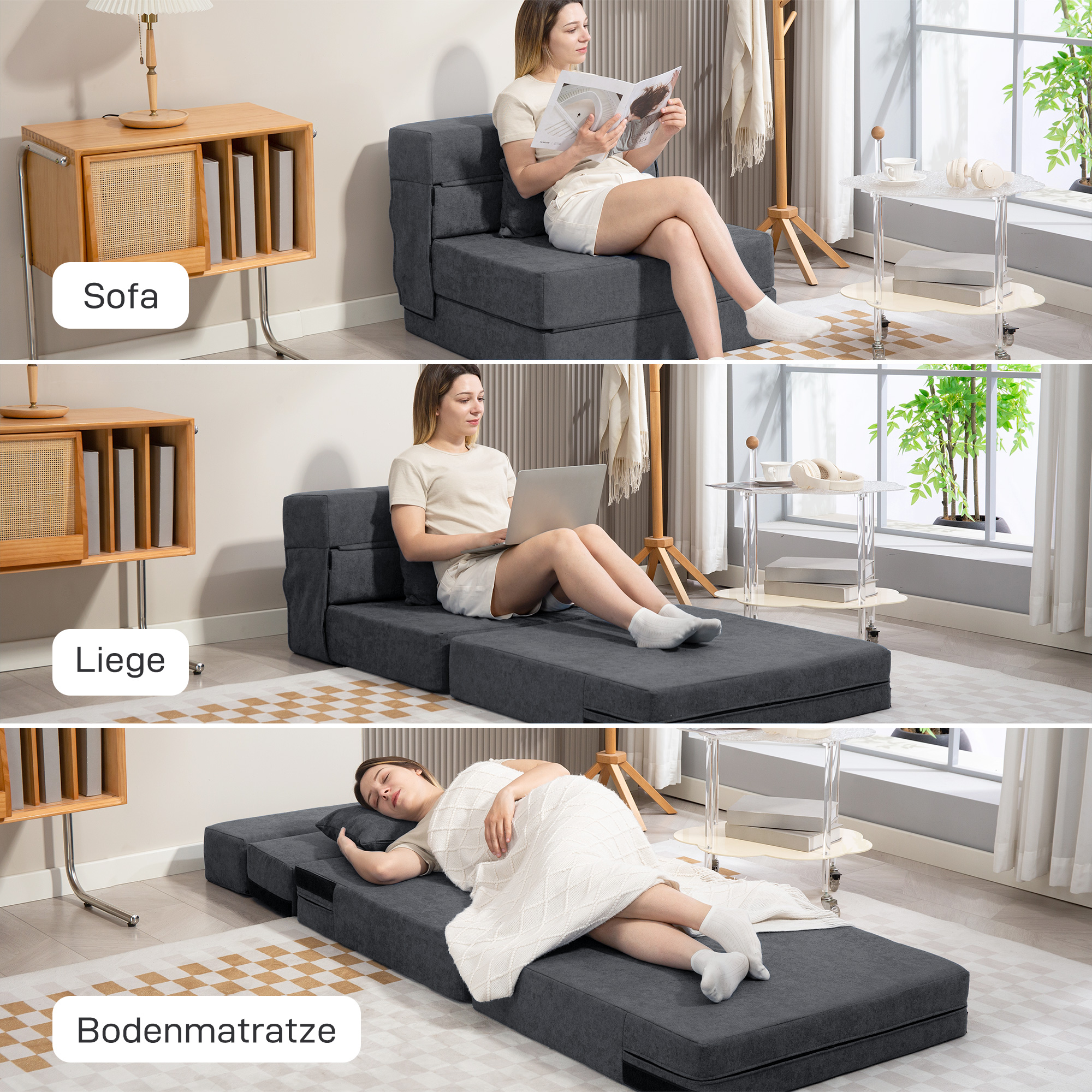 Bodensofa, Polstercouch, in Matratze umwandelbar, Schaumstoff, Kissen, Dunkelgrau