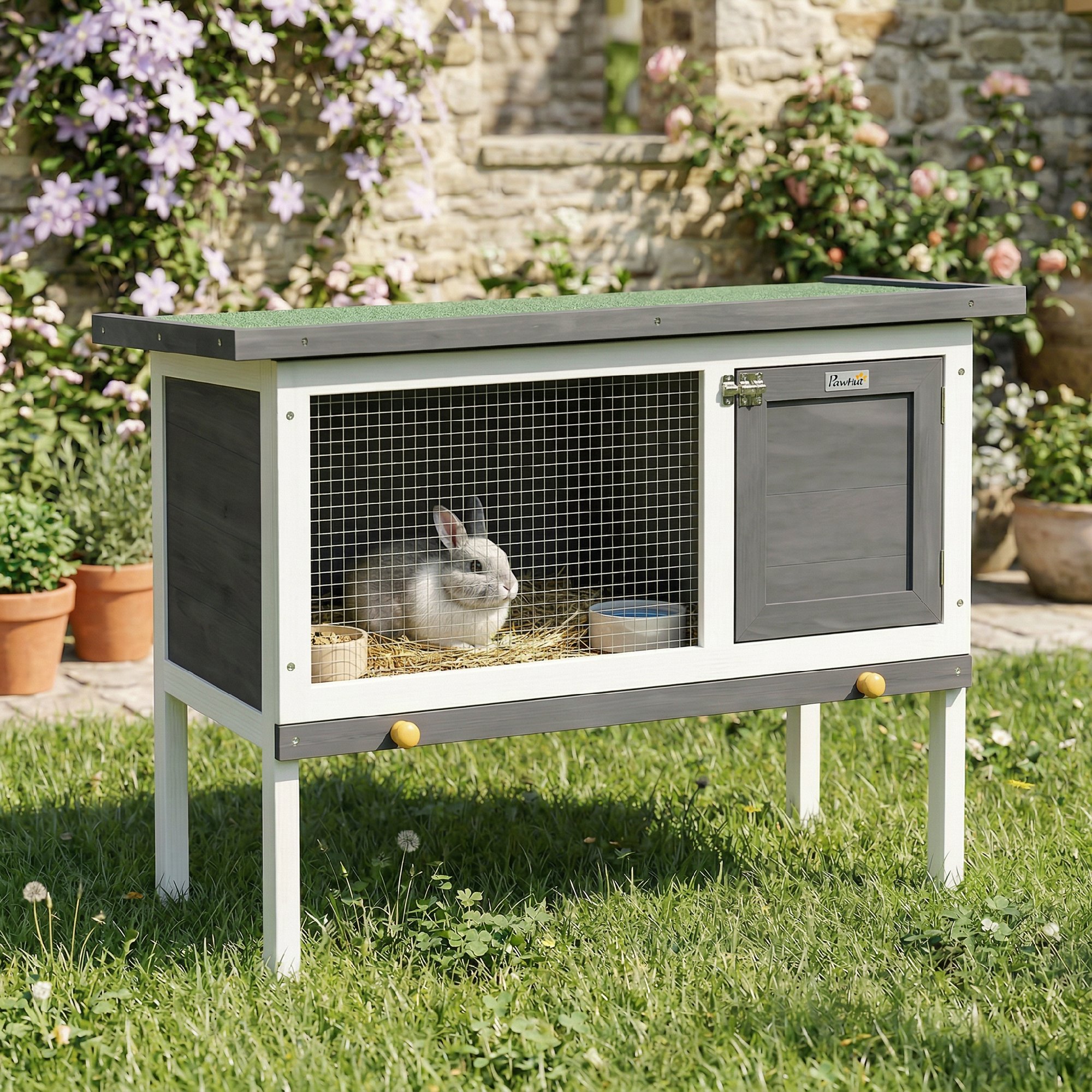 Hasenstall erhöhter Kaninchenstall aus Holz mit aufklappbar Bitumendach herausziehbarer Schublade 90x45x65 cm Grau