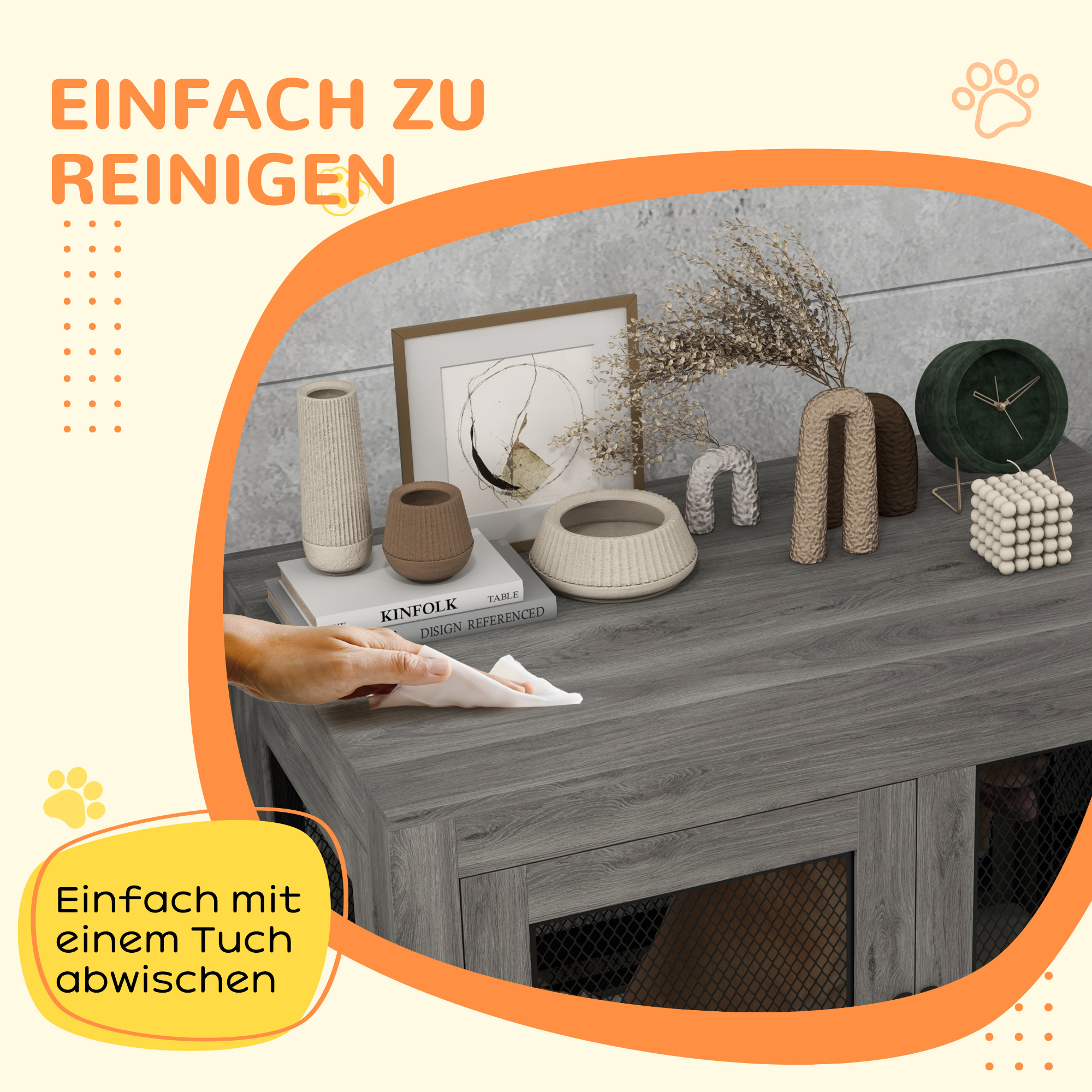 Hundebox, Welpenbox, mit Ablagefläche, wasserabweisendes Kissen, Stahlgitter, verstellbare Füße, 94x60x71,5 cm