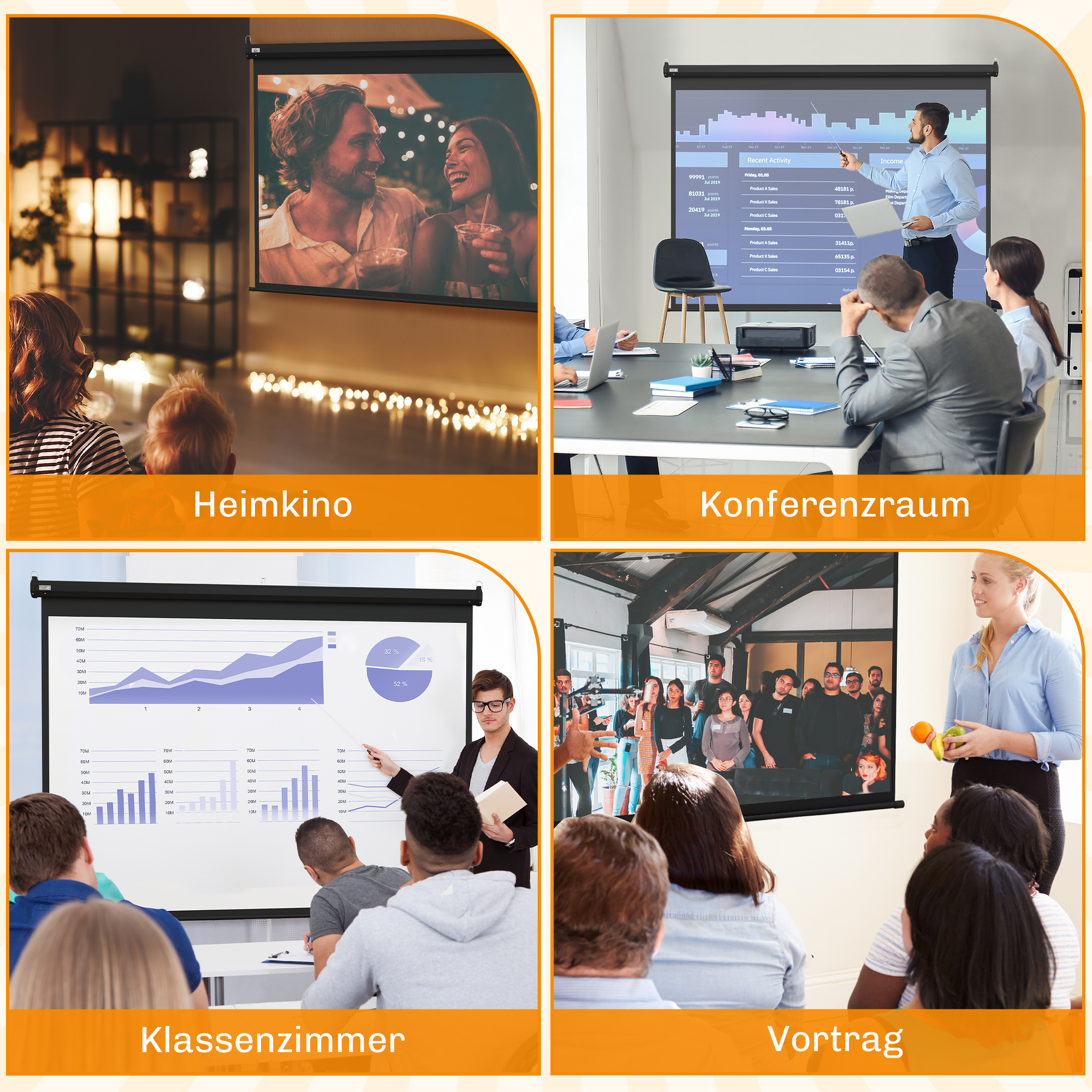 Beamer-Leinwand, Projektionsleinwand, 100 Zoll, 4:3, 203x152 cm, Schwarz