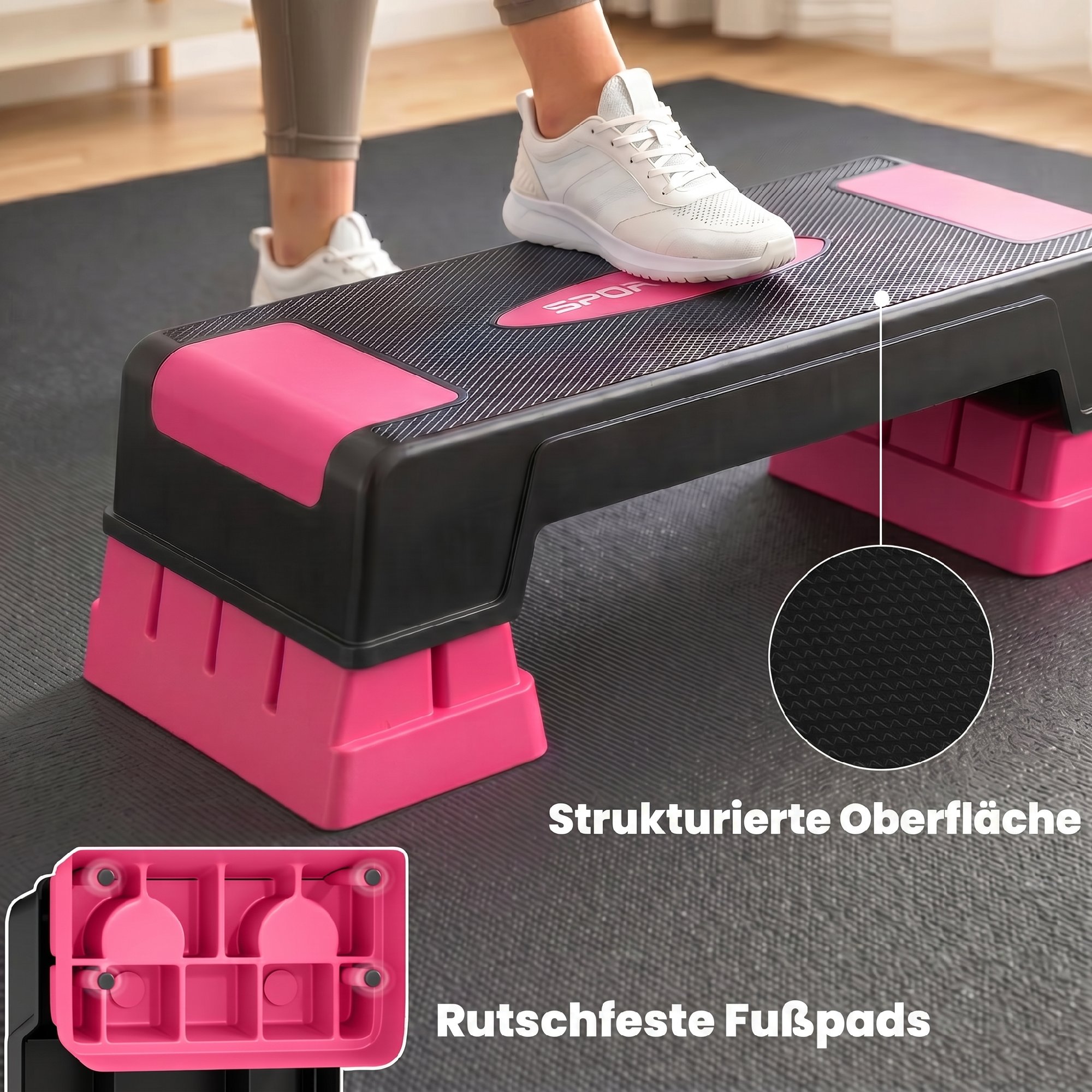 Steppbrett höhenverstellbar Fitness Aerobic Stepper mit 3 Stufen (12/17,5/22,5 cm), Anti-Rutsch-Matte Schwarz+Rosa