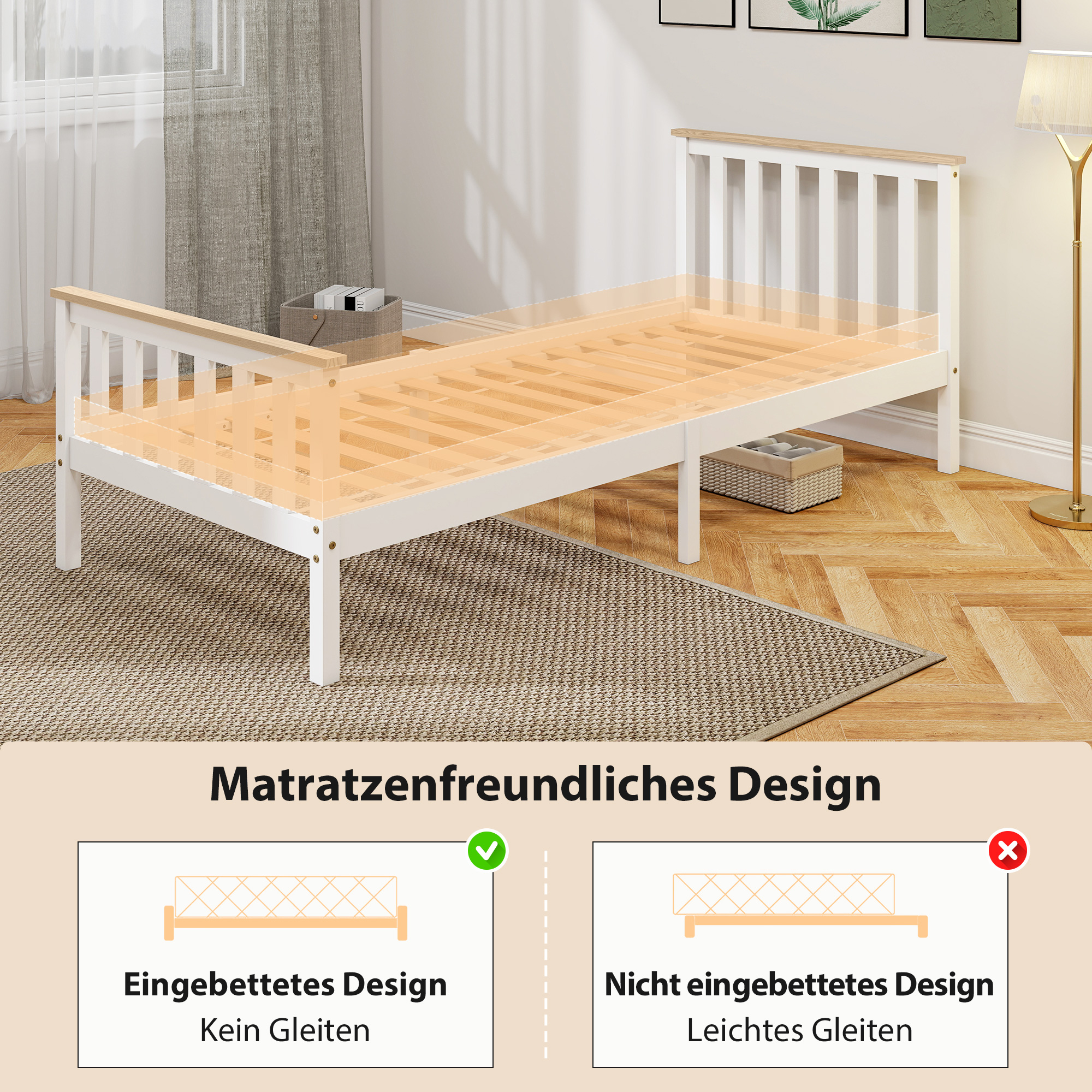 Einzelbettrahmen, Bettrahmen aus Holz, unterer Stauraum, Naturholz, Weiß