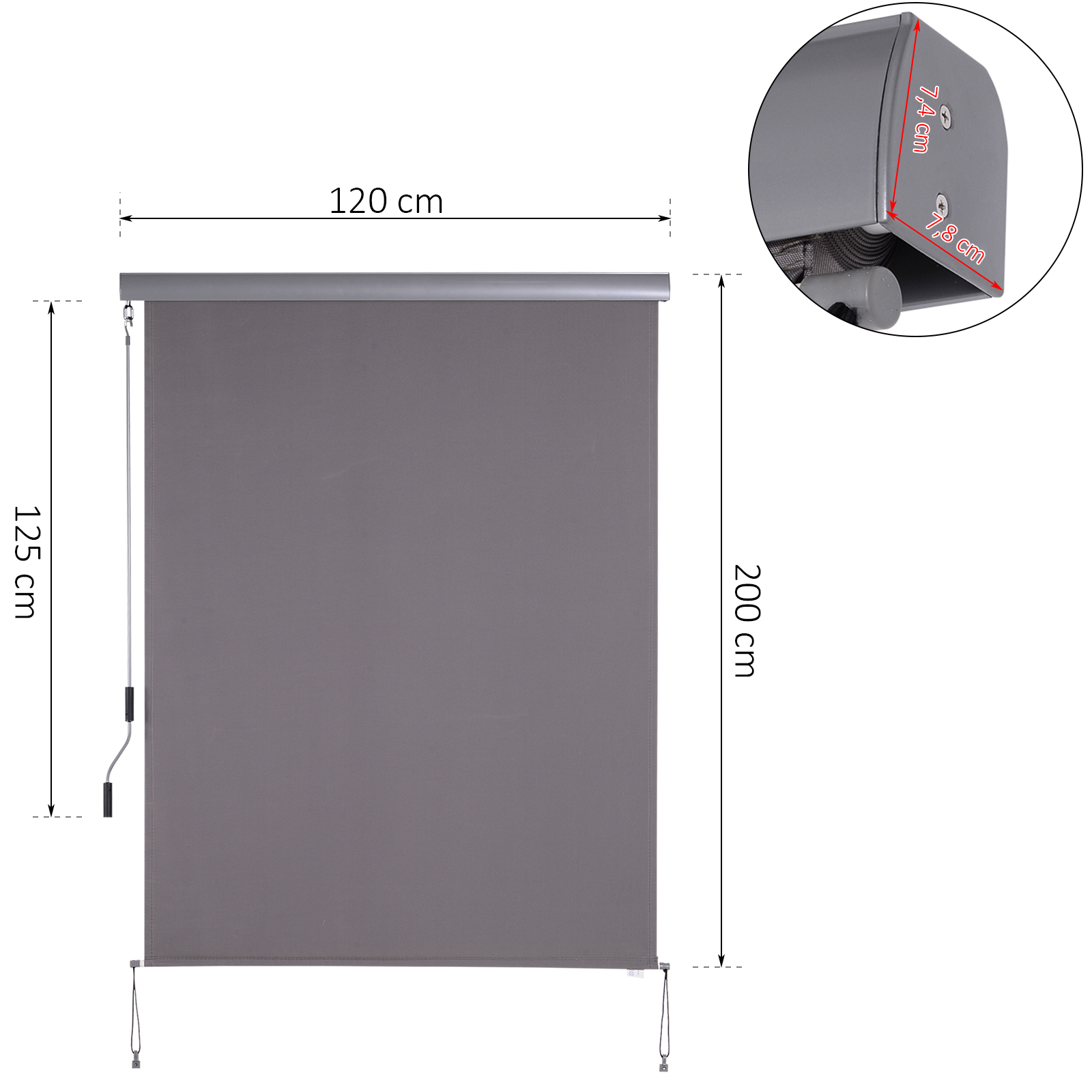 Senkrechtmarkise Balkonmarkise Vertikalmarkise Windschutz Seitenrollo Sichtschutz mit Handkurbel Polyesterstoff+Aluminium Grau 200 x 120 cm