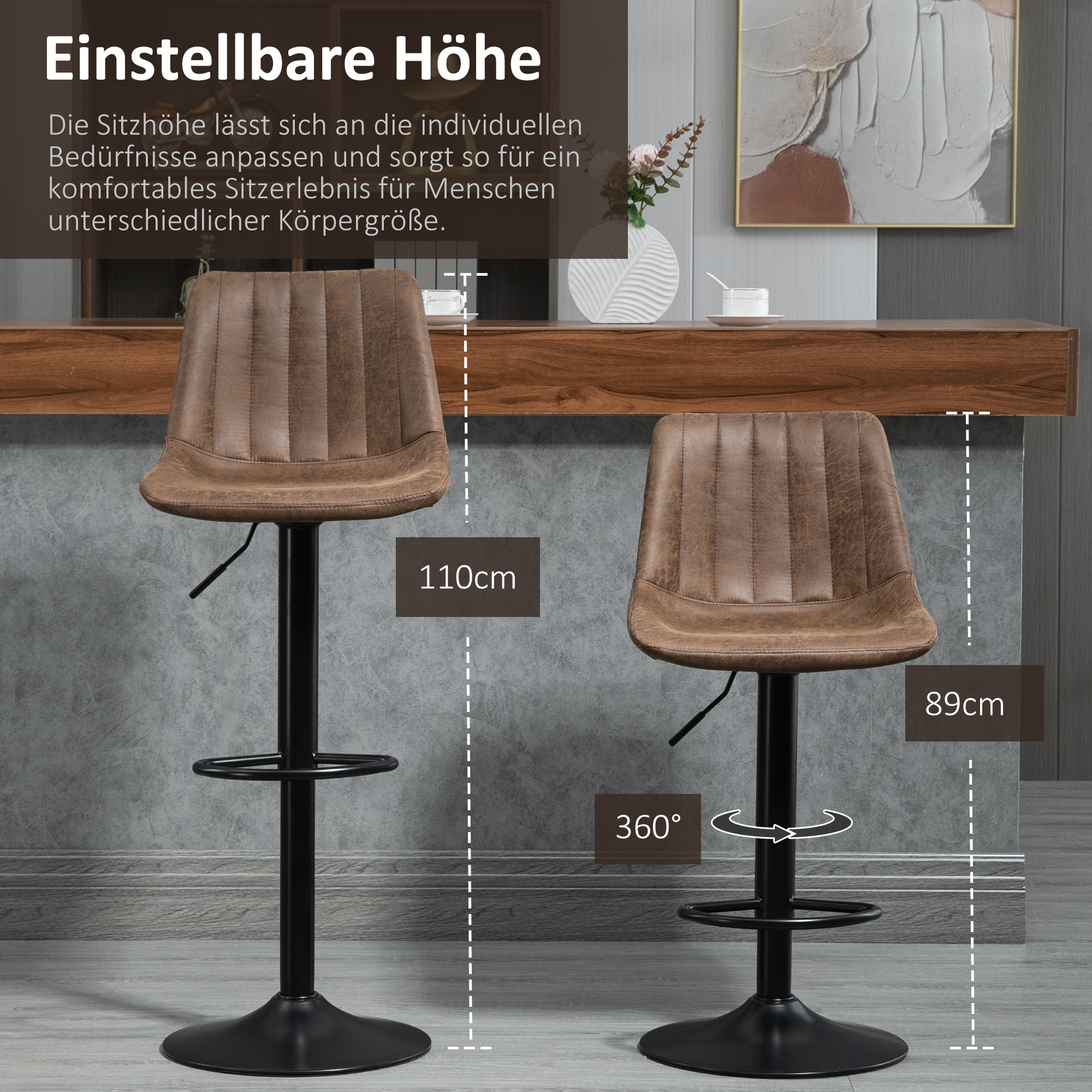 2er-Set Barhocker im Retrodesign, inkl. Fußstütze, höhenverstellbar, Gaslift, Braun + Schwarz
