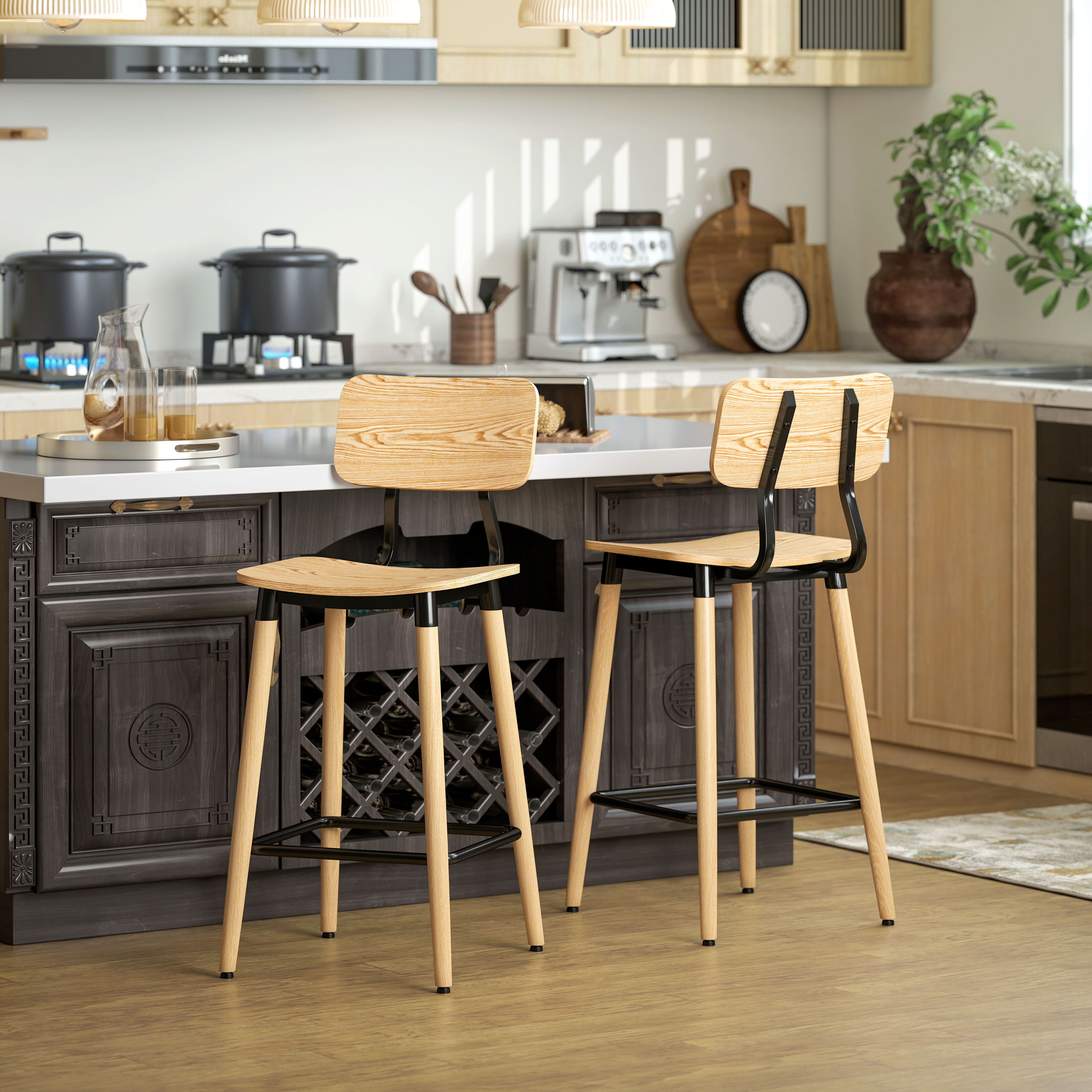 2er-Set Barhocker mit Rückenlehne, Barstühle für Hausbar, Kücheninsel, Esszimmer, Holz, Metall, Hellbraun