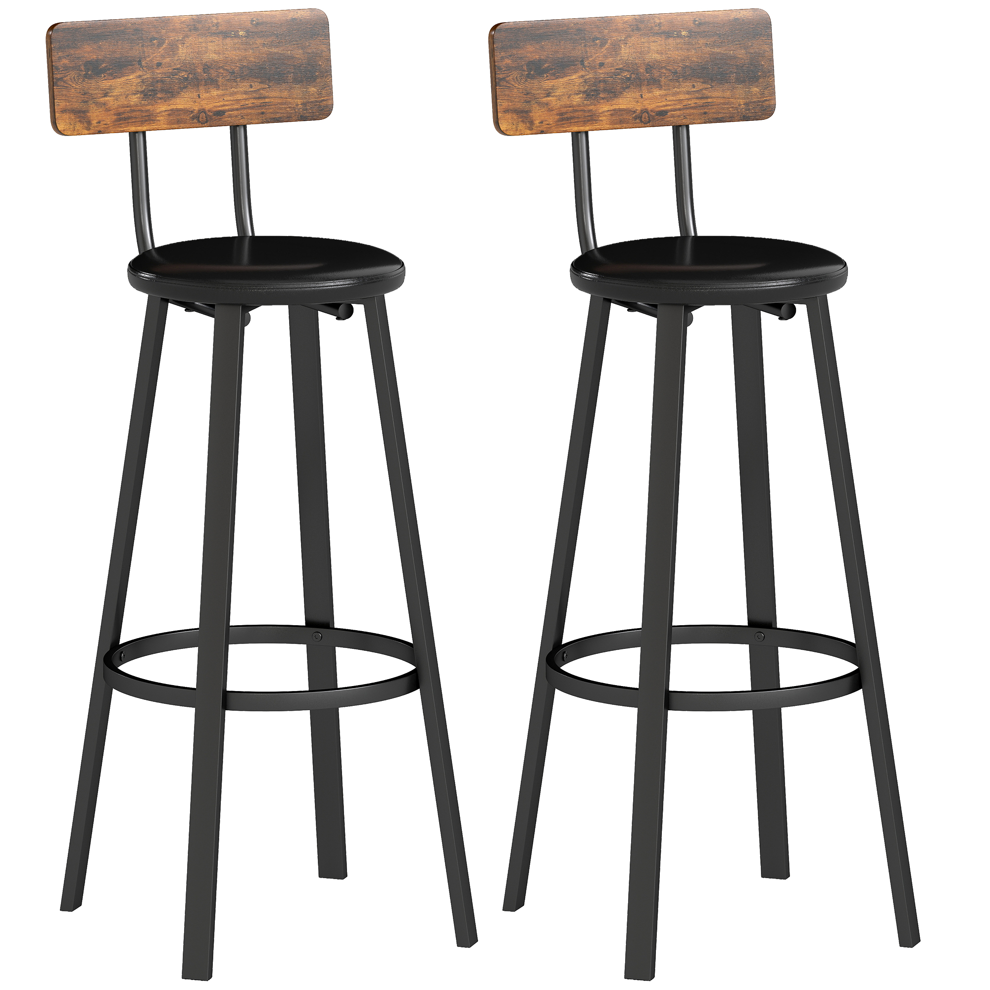 Barhocker 2er Set Tresenhocker Barstuhl mit Fußstütze, Rückenlehne, 75,5 cm Sitzhöhe für Küche & Theke Rustikal Braun