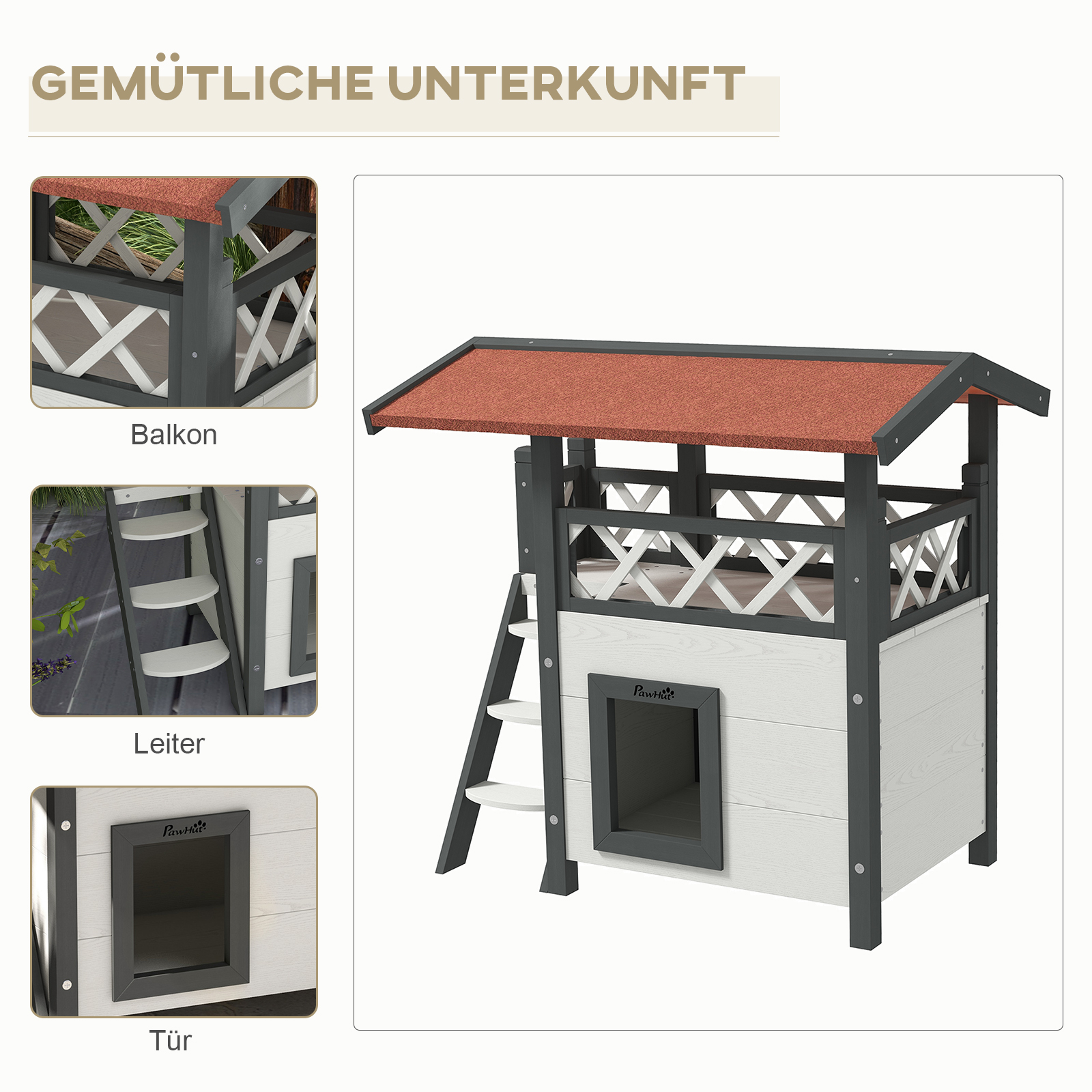Katzenhaus Katzenhütte Haustierhütte, Asphaltdach, 2 Ebenen, 1 Leiter, Weiß+Rot