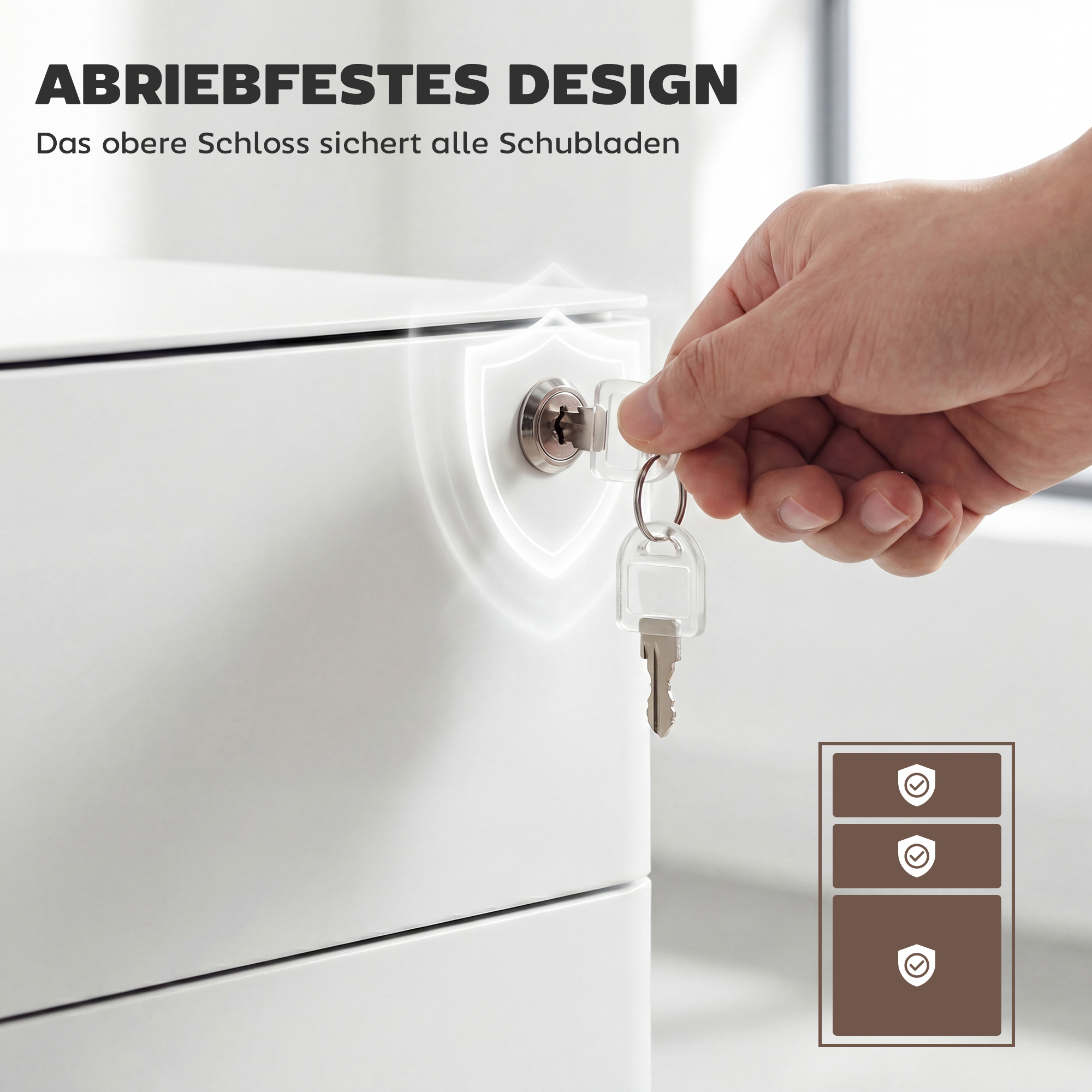 Rollcontainer mit 3 Schubladen mobiler Aktenschrank mit Rollen abschließbar Büroschrank mit Hängeregistratur Stiftfach, Bürocontainer für Büro, Homeoffice, 39 x 48 x 59 cm Weiß