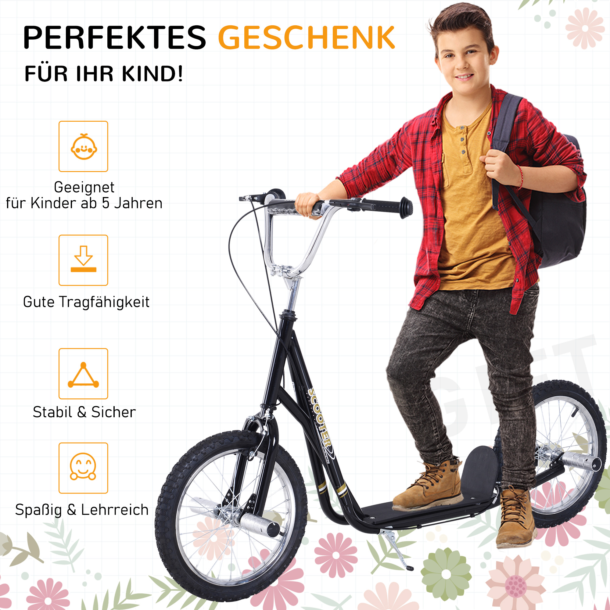 Kinderroller mit Luftreifen Kickscooter Scooter Tretroller Cityroller für Kinder Kickboard 16 Zoll ab 5 Jahre Höhenverstellbar Schwarz 143 x 58 x 92-100 cm