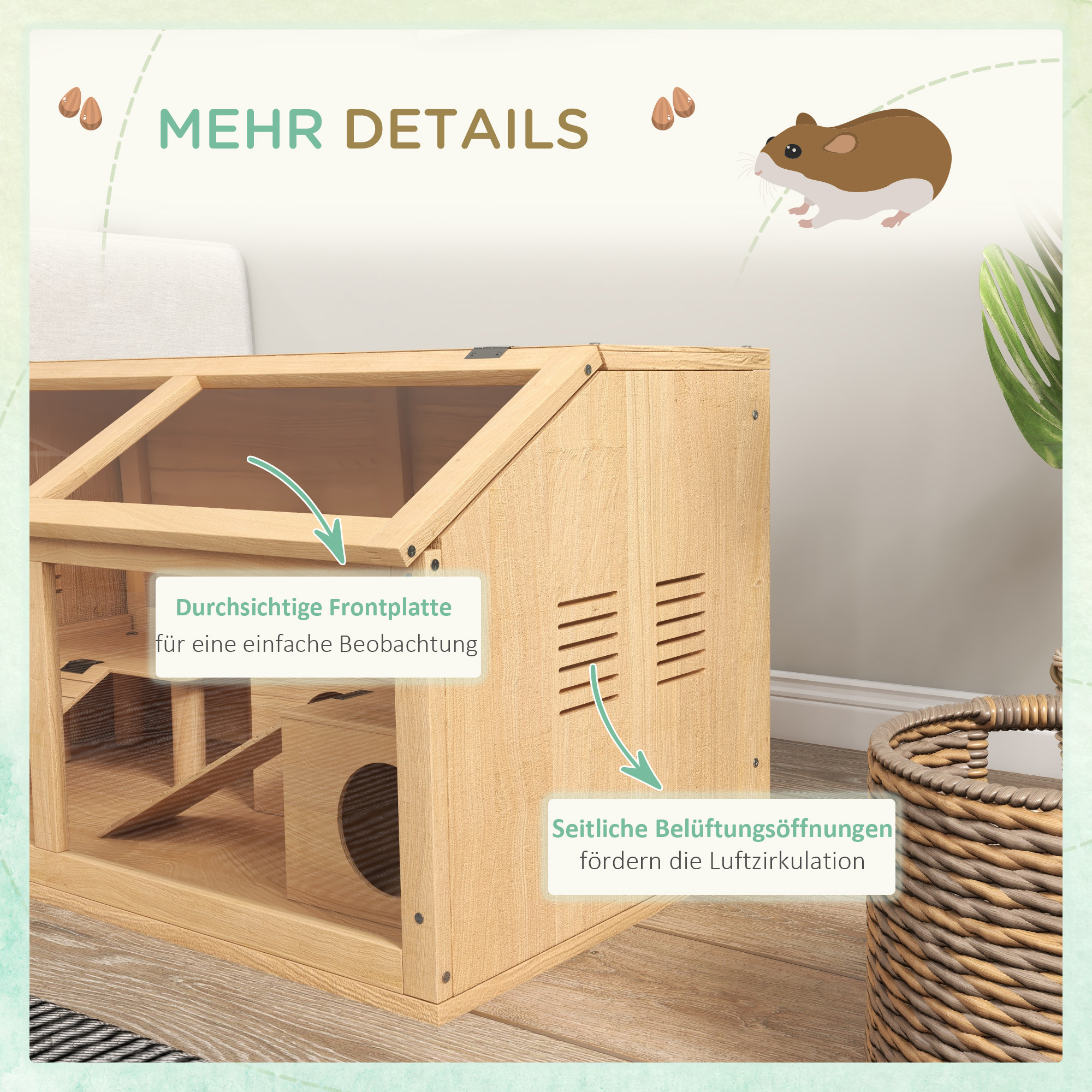 Hamsterkäfig für syrische Hamster und Zwerghamster, mit Plattform, Hängebrücke, Hütte, 85x45x44 cm