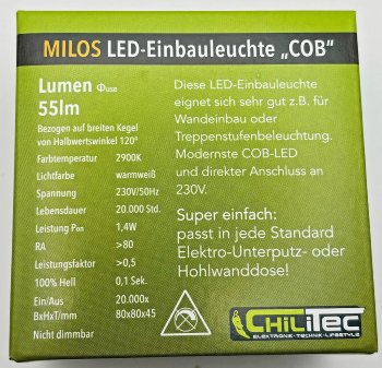MILOS LED-Einbauleuchte "COB" weiß matt / 80x80mm, 3000k, warmweiß, 55Lumen