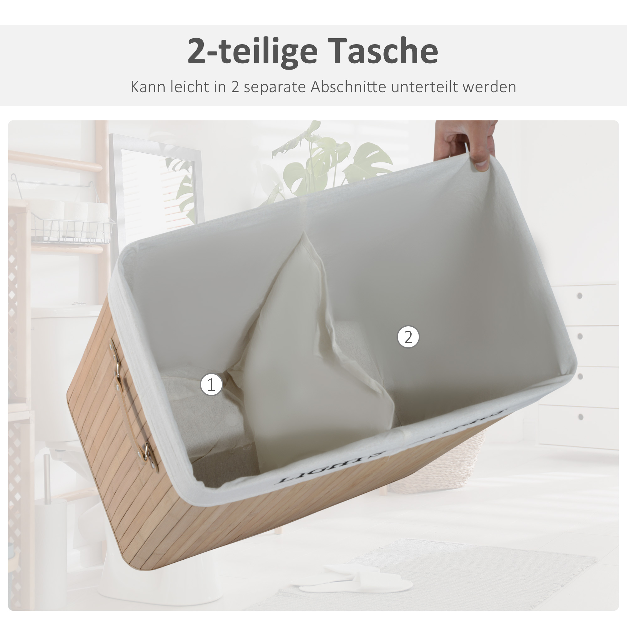 Bambus Wäschekorb mit Deckel 100 L Wäschesammler mit PU-Griffen, Wäschesack aus Segeltuch, Laundry Baskets Wäschesortierer für Waschküche Schlafzimmer Badezimmer Natur