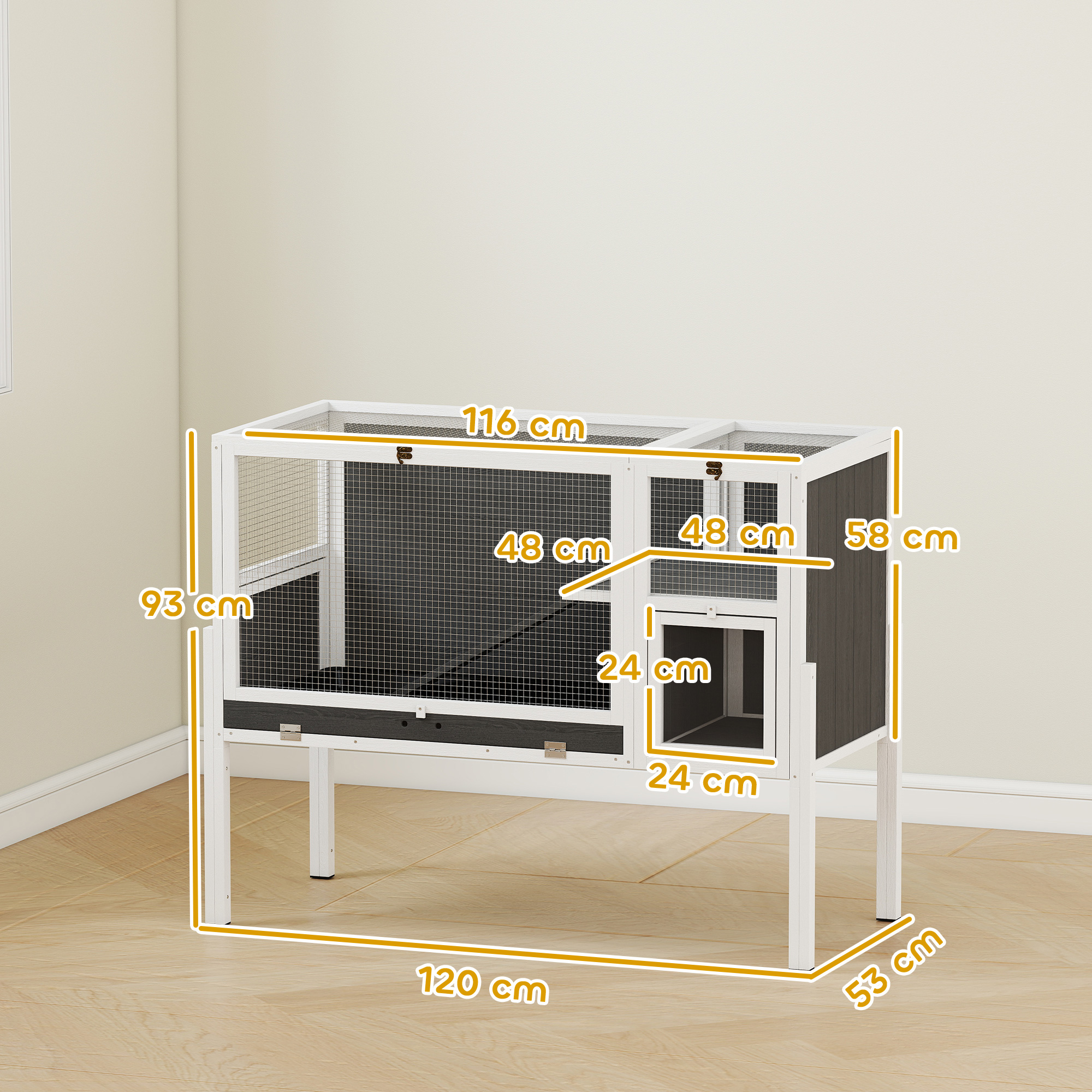 Kleintierstall für Zwerghamster, Kaninchen, Meerschweinchen, mit Zubehör, erhöhtes Design, Holz, Metall, Grau