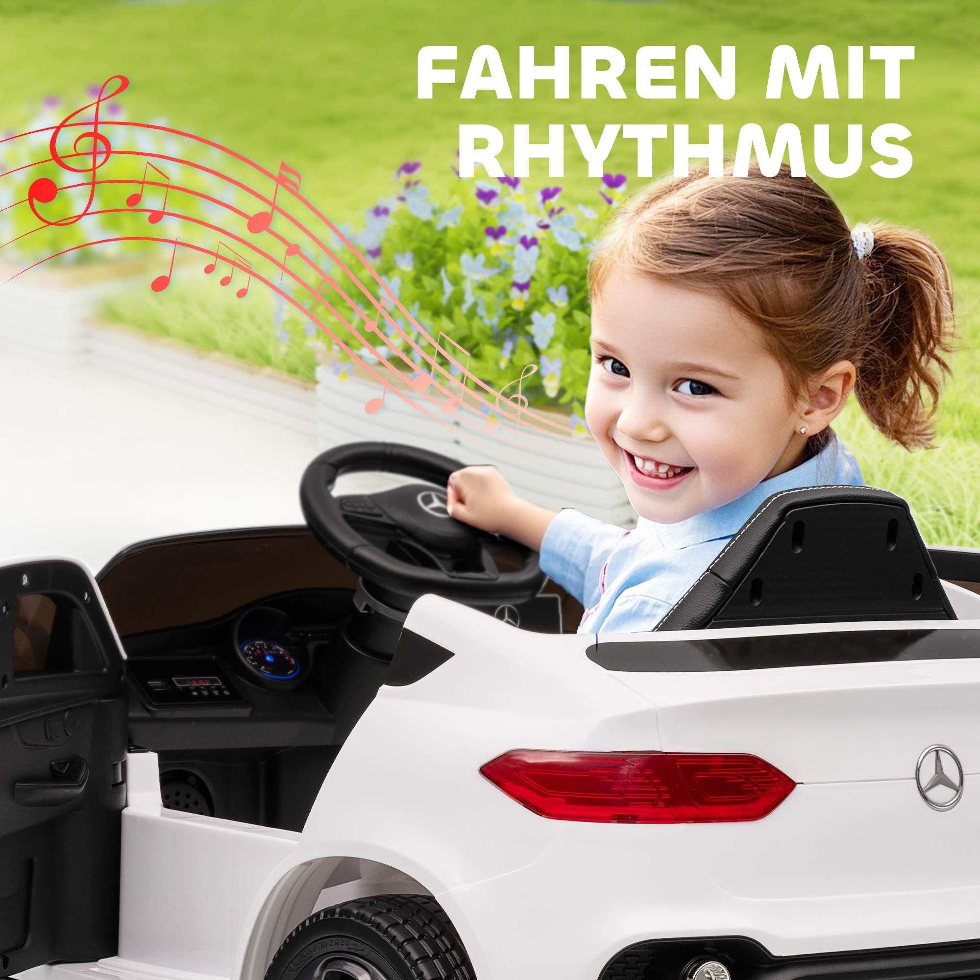 Elektroauto für Kinder, 12V Kinderauto mit Fernbedienung, LED-Lichter, Musik, 3 Geschwindigkeiten, 3-6 Jahre, Weiß
