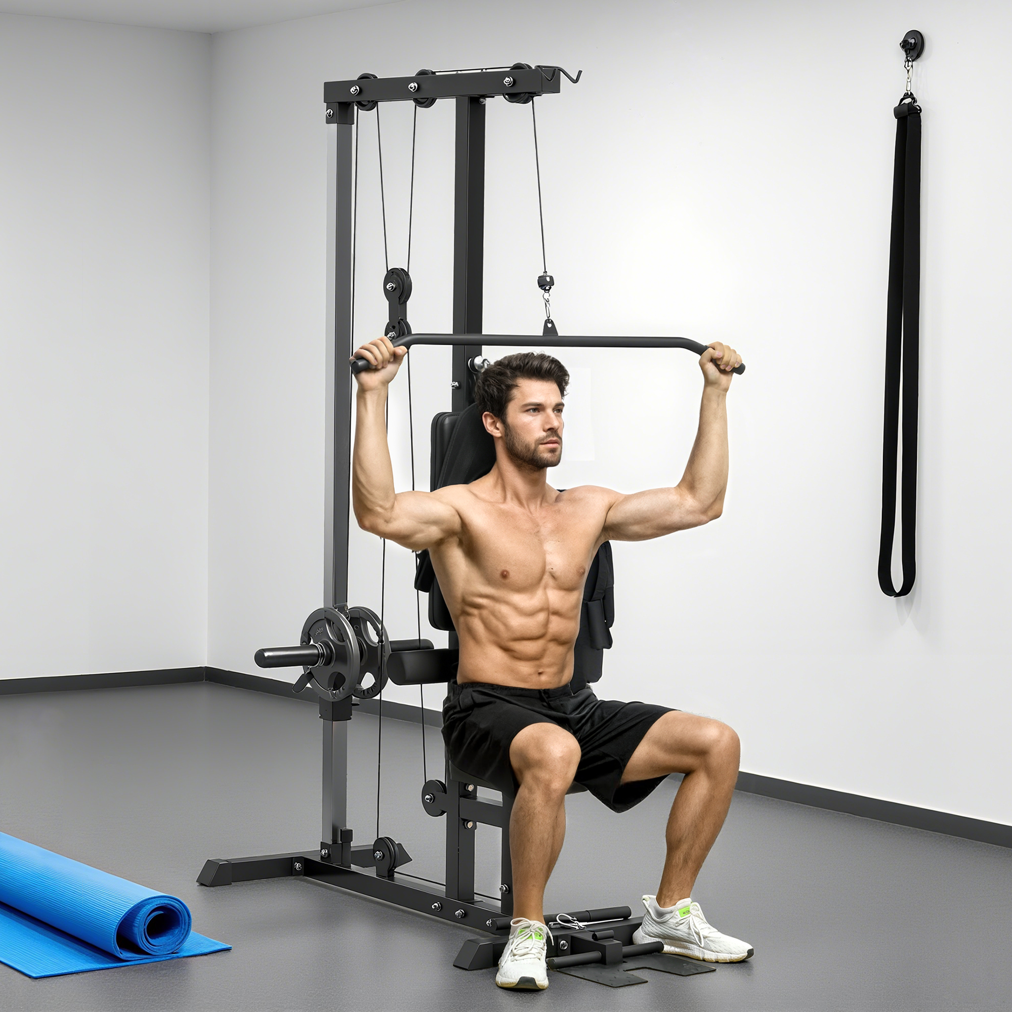 Kraftstation für Zuhause, Ruderzüge, ohne Gewichte, Fitnessgerät für Zuhause, Stahl, Kunstleder, Schwarz