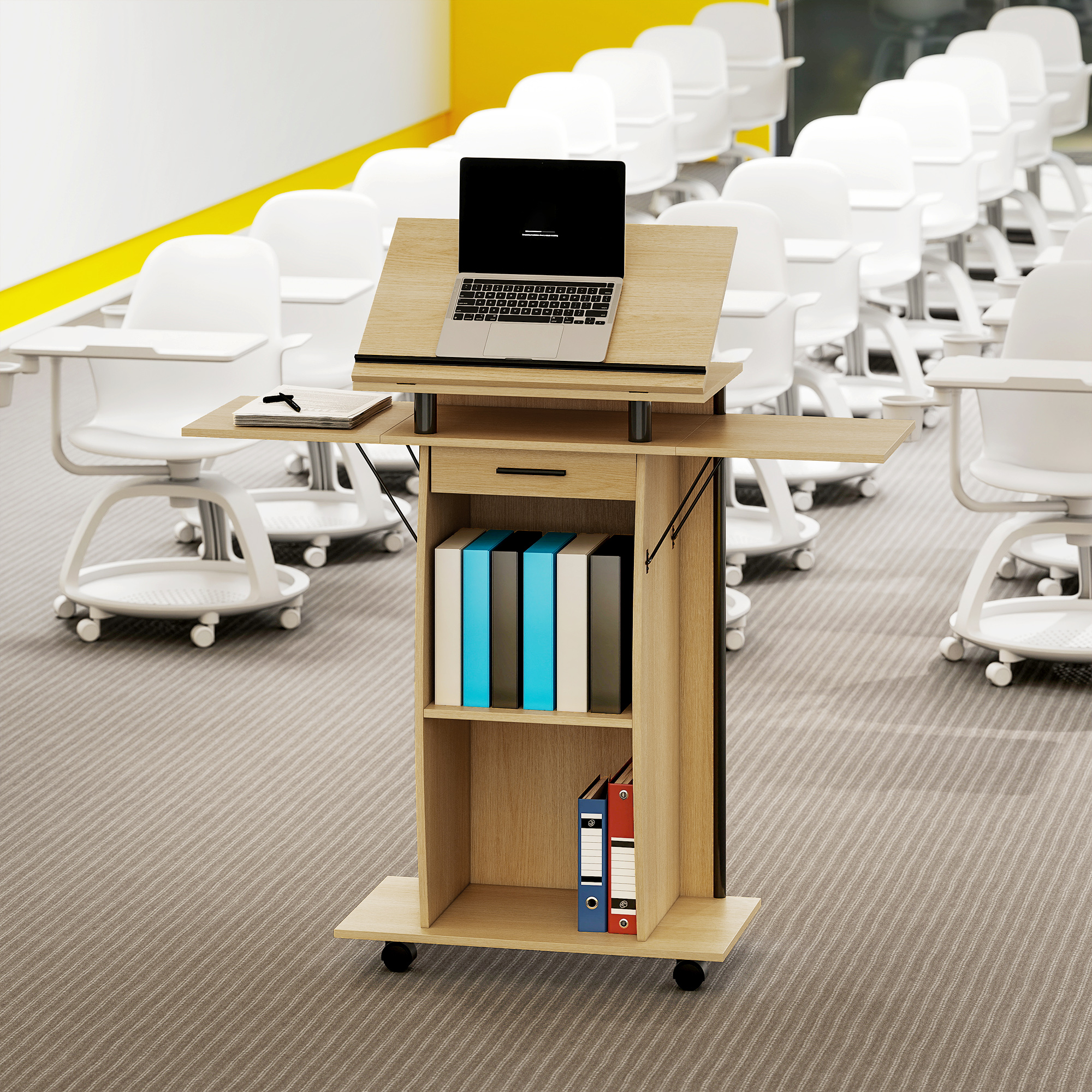 Rollbarer Podiumsständer, Redepult mit klappbaren Seitenflügeln, Laptop-Tisch mit Schublade und Regalen, Eichenoptik