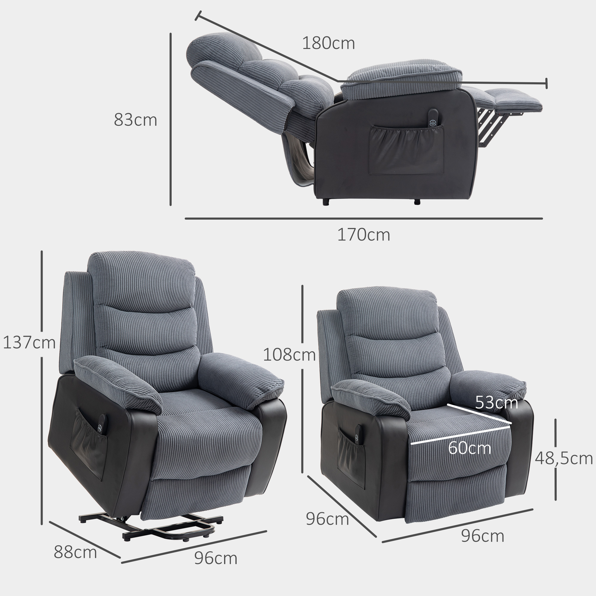 Aufstehsessel mit weichem Cordbezug, Recliner-Sessel mit Fernbedienung und Seitentaschen, Dunkelgrau