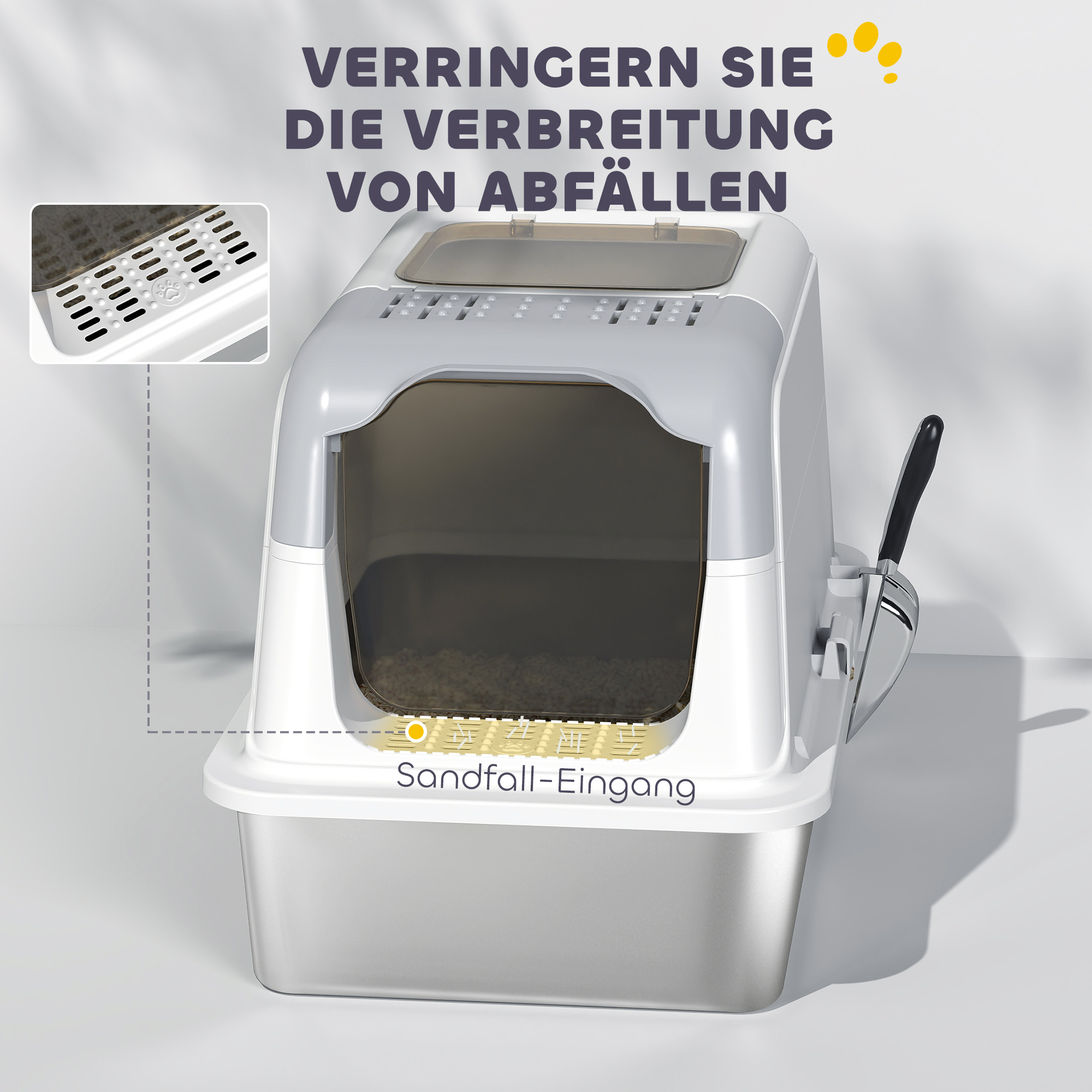 Katzenklo, Katzentoilette mit Deckel, Streuschaufel, vorne Eingang und ober Ausgang Edelstahl bis 7 kg