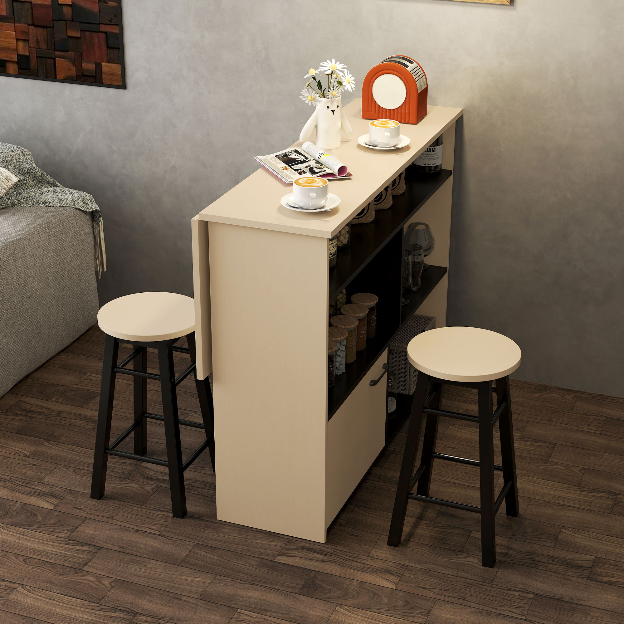 3-tlg, Barset, Bartisch mit klappbarer Tischplatte, 2 Barhocker, 6 Staufächer, schwarz+Eiche, 116 x 70 x 89,5 cm