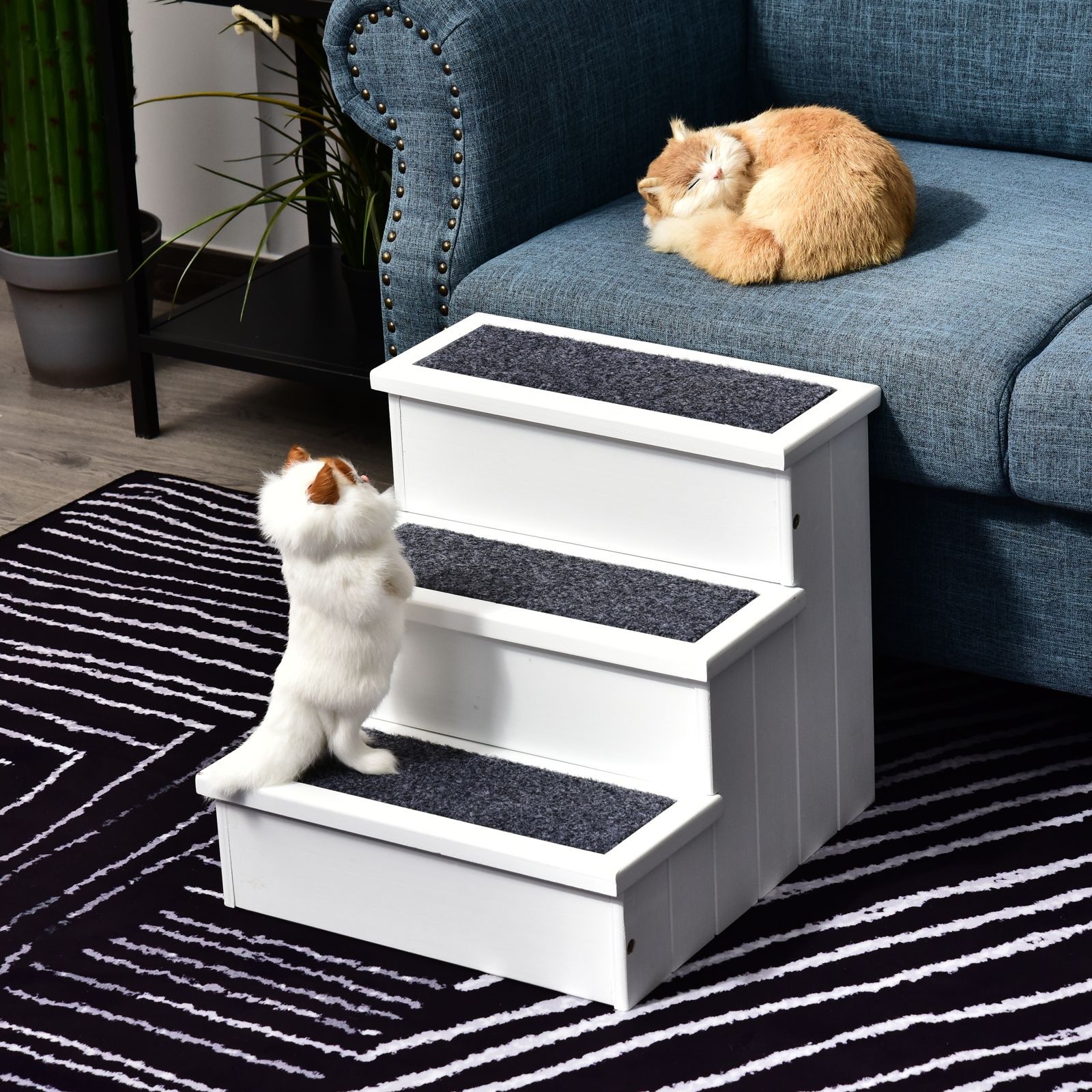Hundetreppe 3 Stufen Katzentreppe Haustiertreppe Hundetreppe für Hunde und Katzen Tiertreppe Einstiegshilfe mit Teppich Stauraum für Sofa Bett Tannenholz Weiß 40,5 x 44,5 x 38 cm