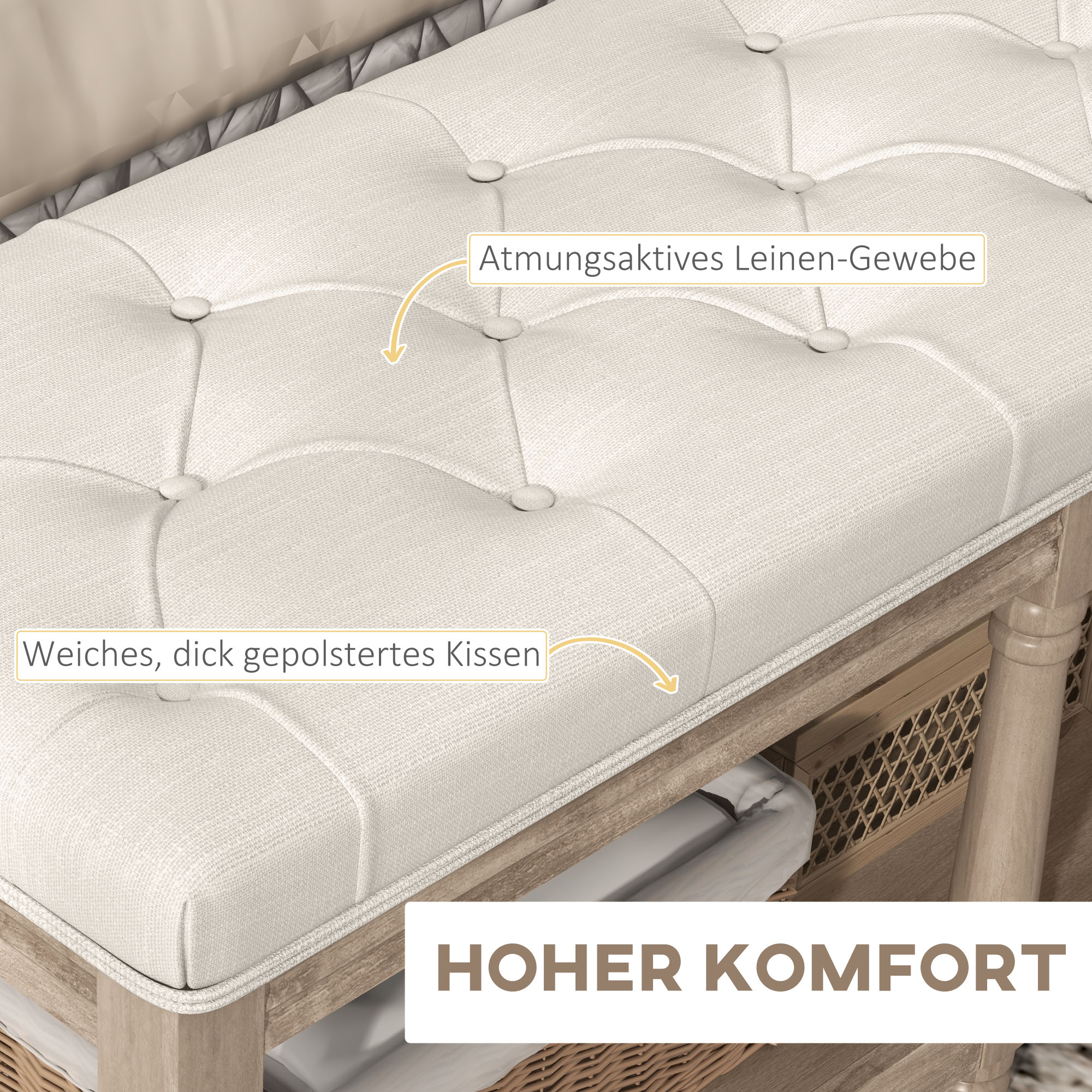Sitzbank mit Stauraum, Vintage-Design, Knopfheftung, Kautschukbaumholz, 115x40x48cm, Cremeweiß