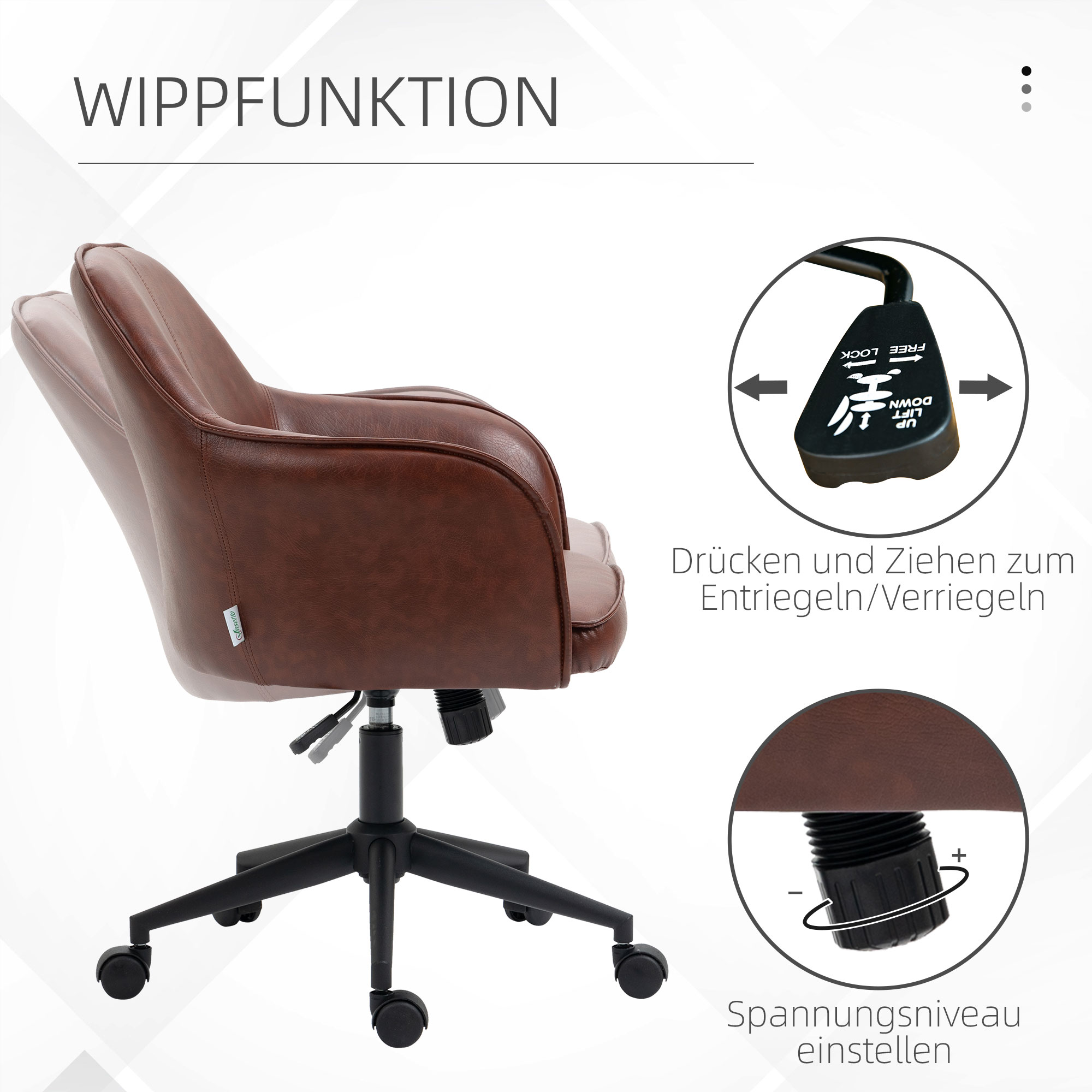 Bürostuhl, höhenverstellbar, Drehfunktion, 58,5 cm x 62 cm x 91 cm, Braun
