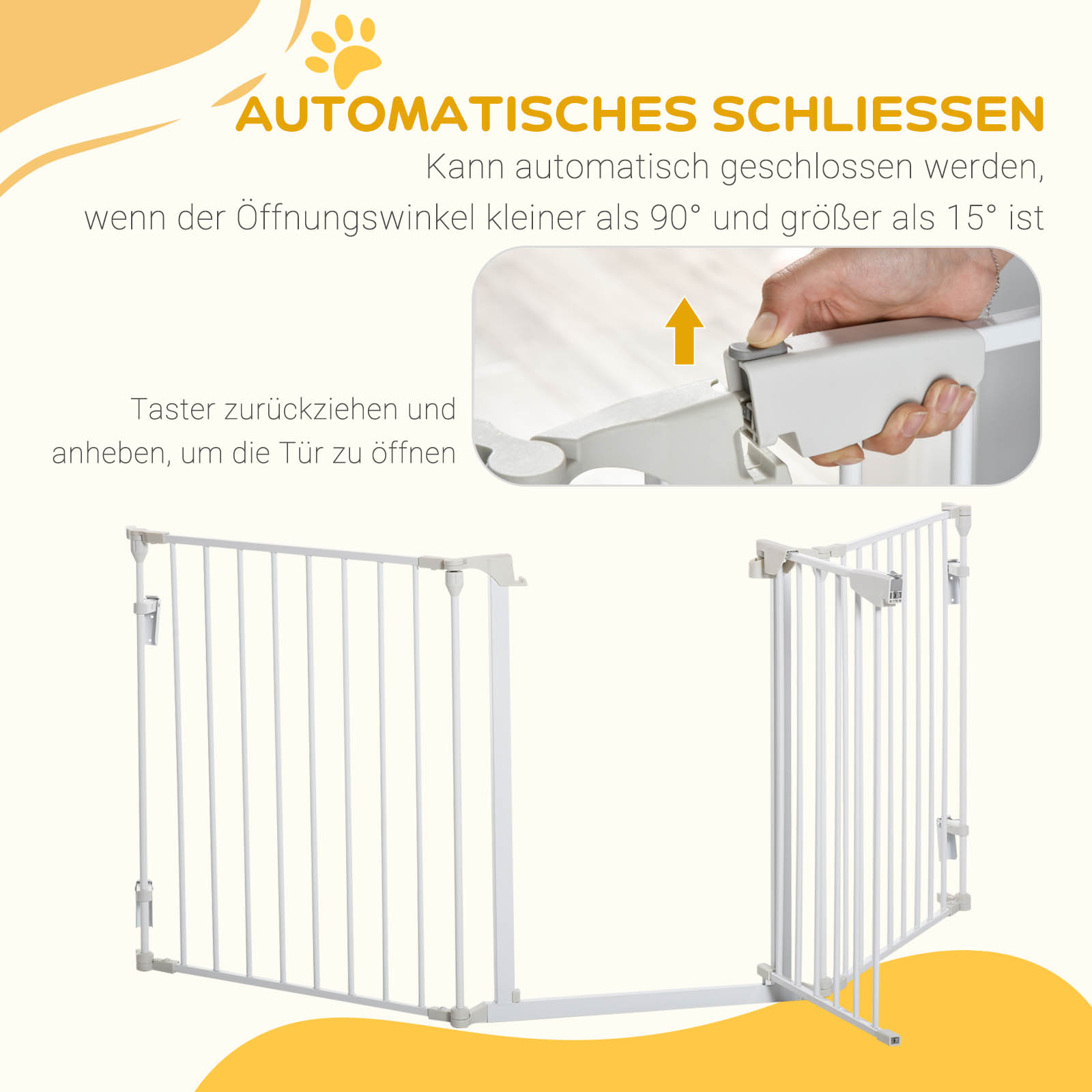 Absperrgitter Hund Freistehendes Schutzgitter 180 x 74,5 cm Hundegitter Klappbar Türschutzgitter Treppengitter Hundeabsperrgitter für Treppen, Türen, Küche, Flur, 3 Paneelen, Weiß