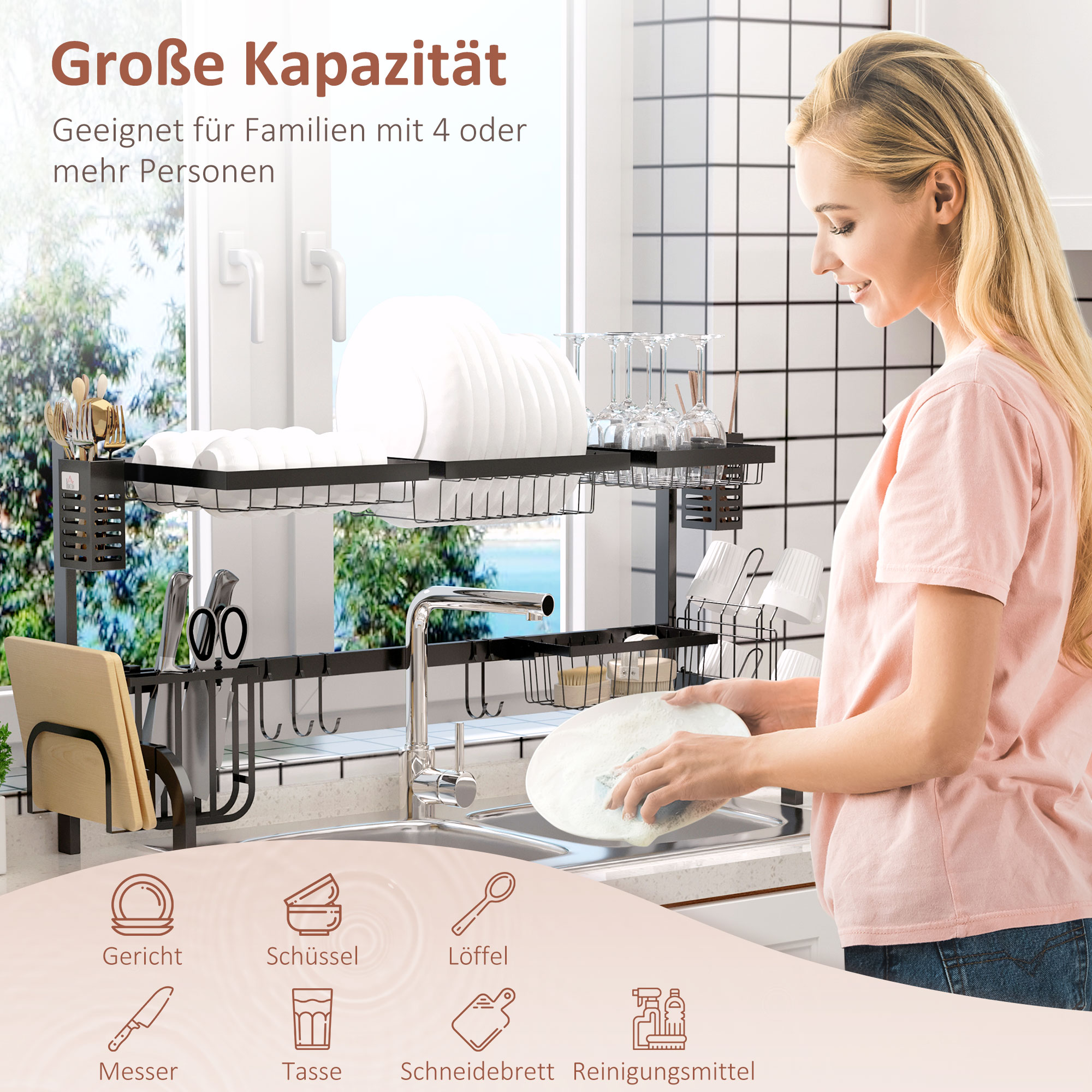 Abtropfgestell Geschirr, 2-stufiges Abtropfständer mit Haken, Tellerregal, Zubehör, 100 cm Stahl, Schwarz