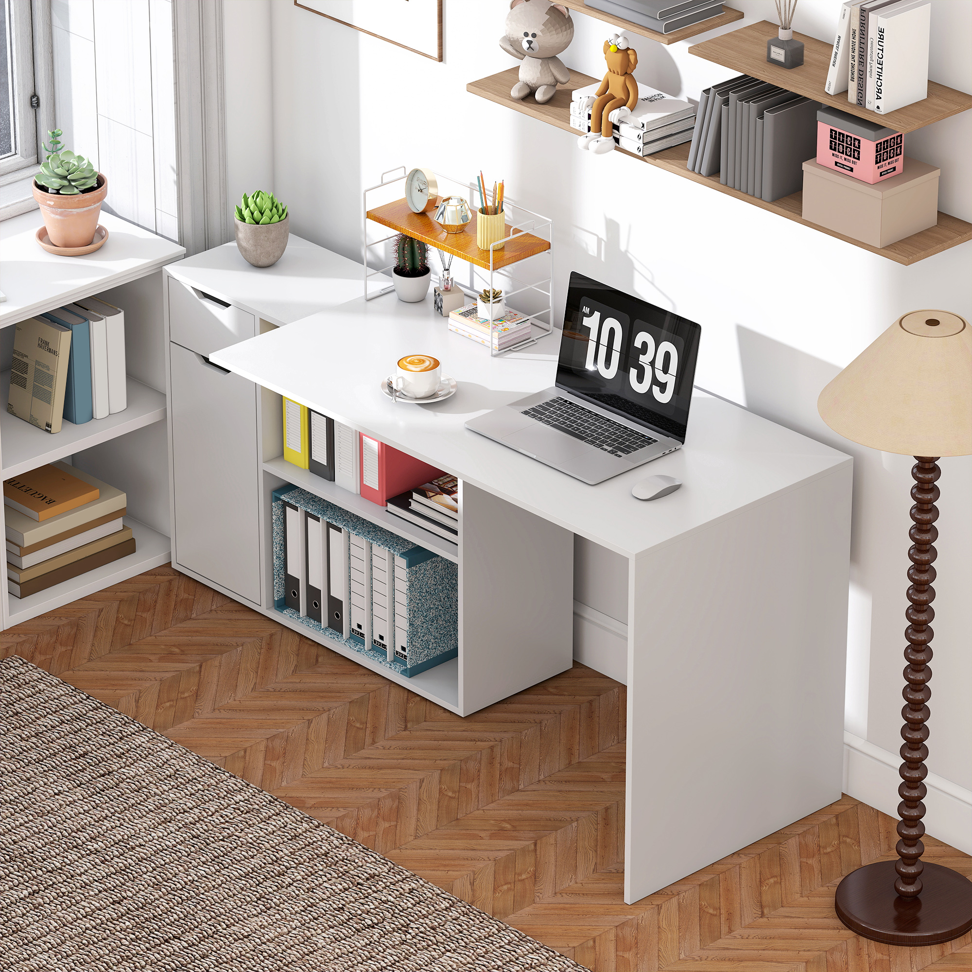 Flexibler Schreibtisch, 2-stufiger Schrank, Schublade, offene Fächer, Holz, Weiß
