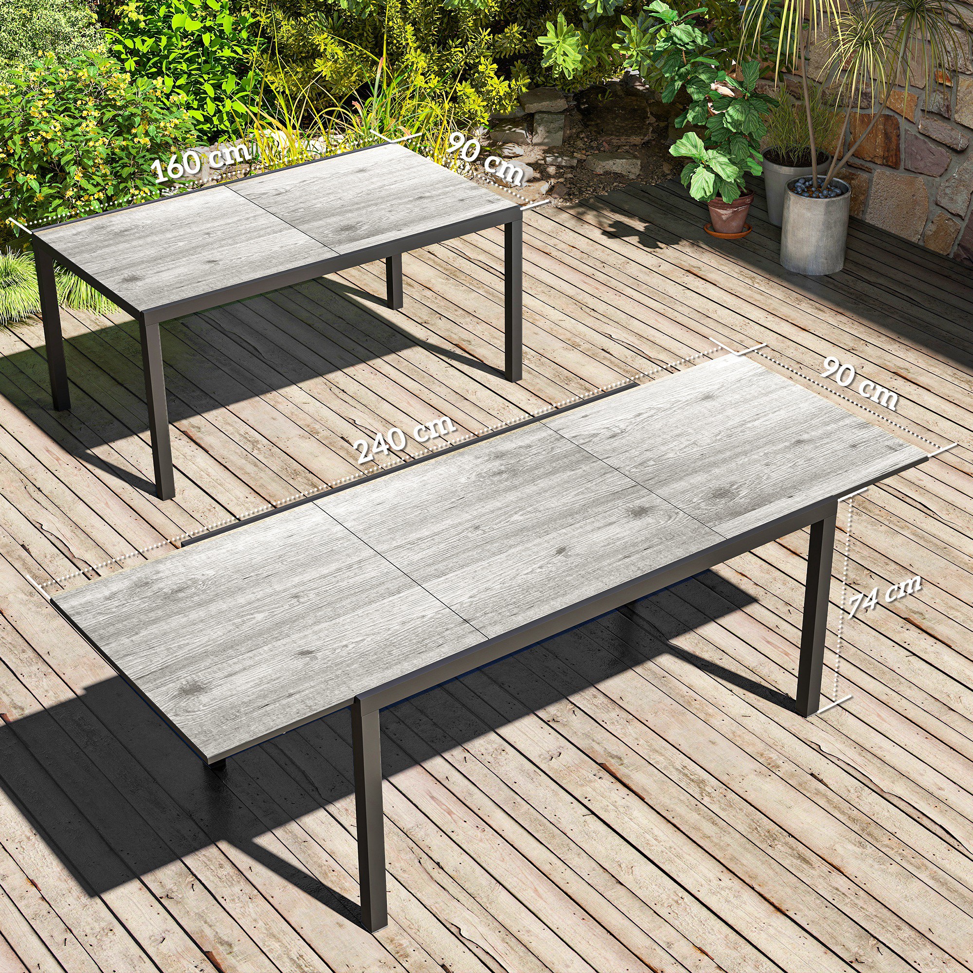 Ausziehbarer Esstisch für 6-8 Personen, Verstellbarer Outdoor-Tisch aus Aluminium, Stahl, Kunststoff, Holzoptik, Grau
