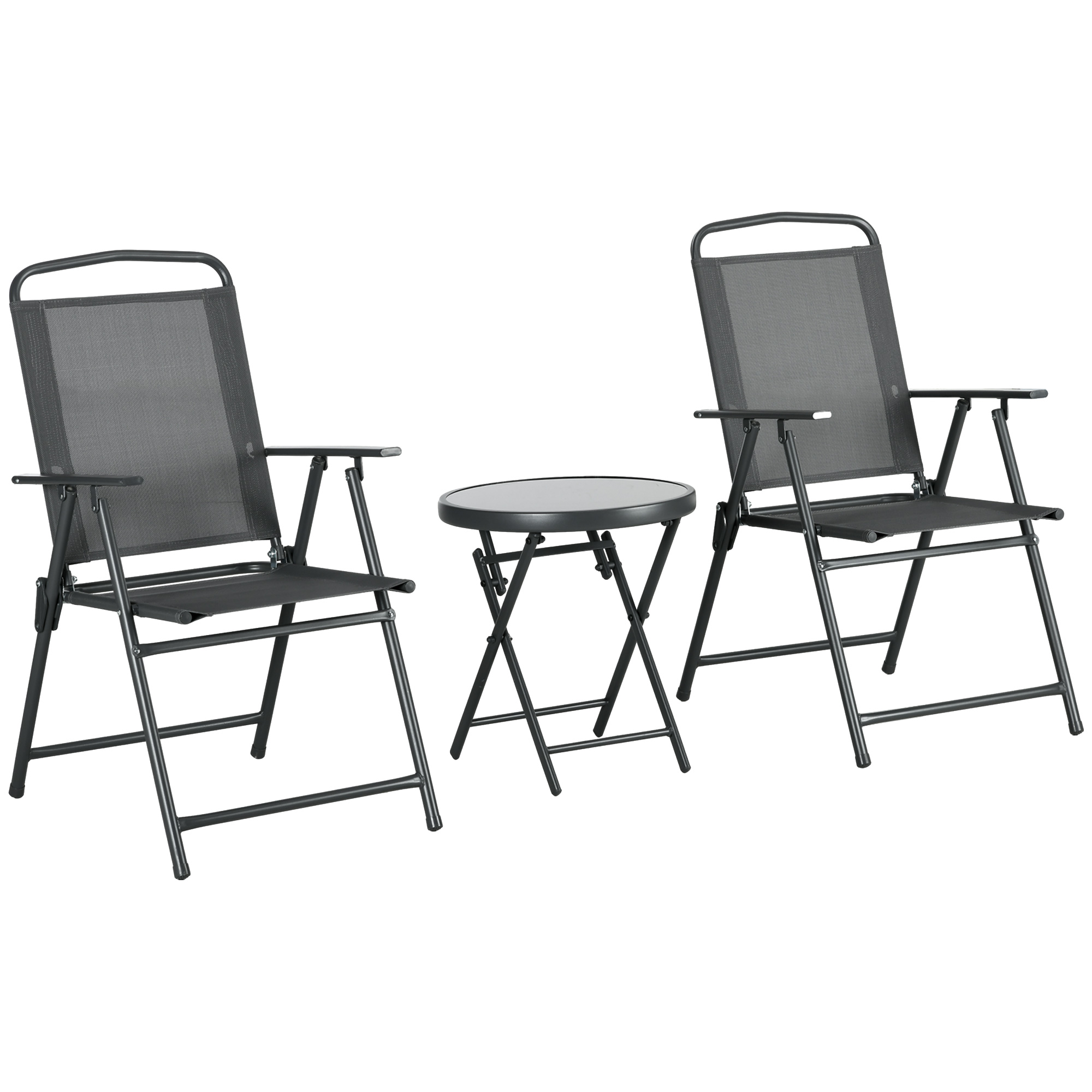 Bistro-Set 3-teilig aus Metall Wetterfest Gartenmöbel Set mit klappbar Glastisch Gartenstühlen Dunkelgrau