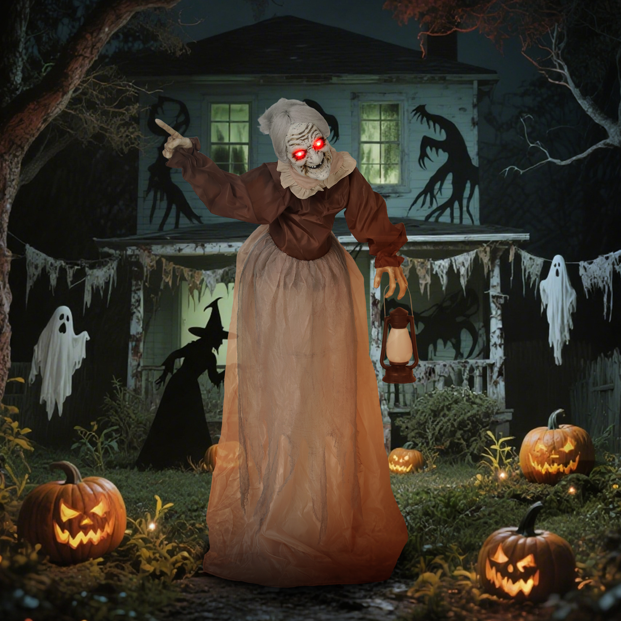150 cm Halloween Dekoration Halloween Hexe mit LED-Lichter, Soundfunktion verstellbare Arme, Kopf