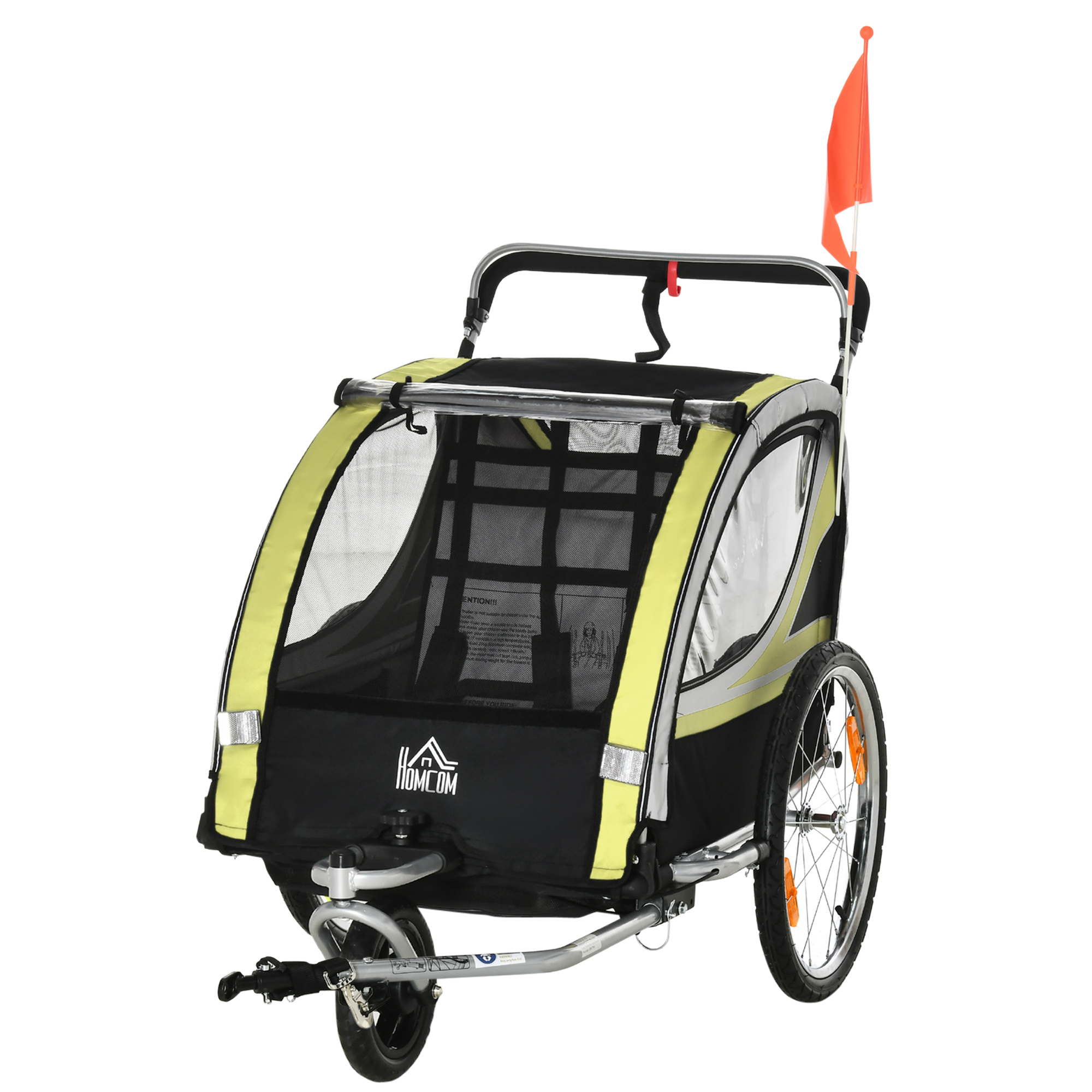 2-in-1 Fahrradanhänger für 2 Kinder, Schiebefunktion, Regenschutz, Bremse, Gelb