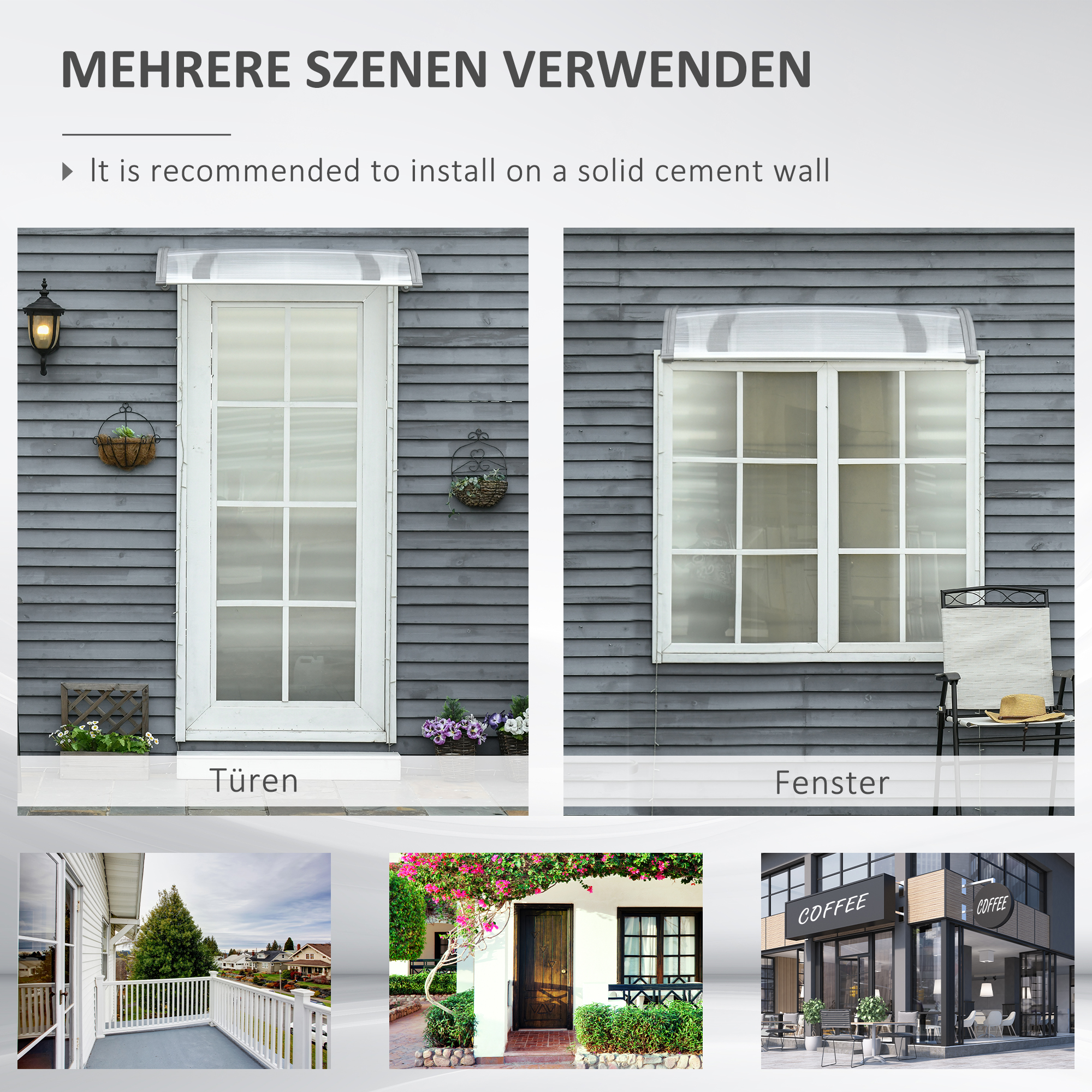 Türüberdachung, Schutz vor Regen, Wind und Hagel, Polycarbonat, Aluminium, 110 x 60 x 18 cm, Grau