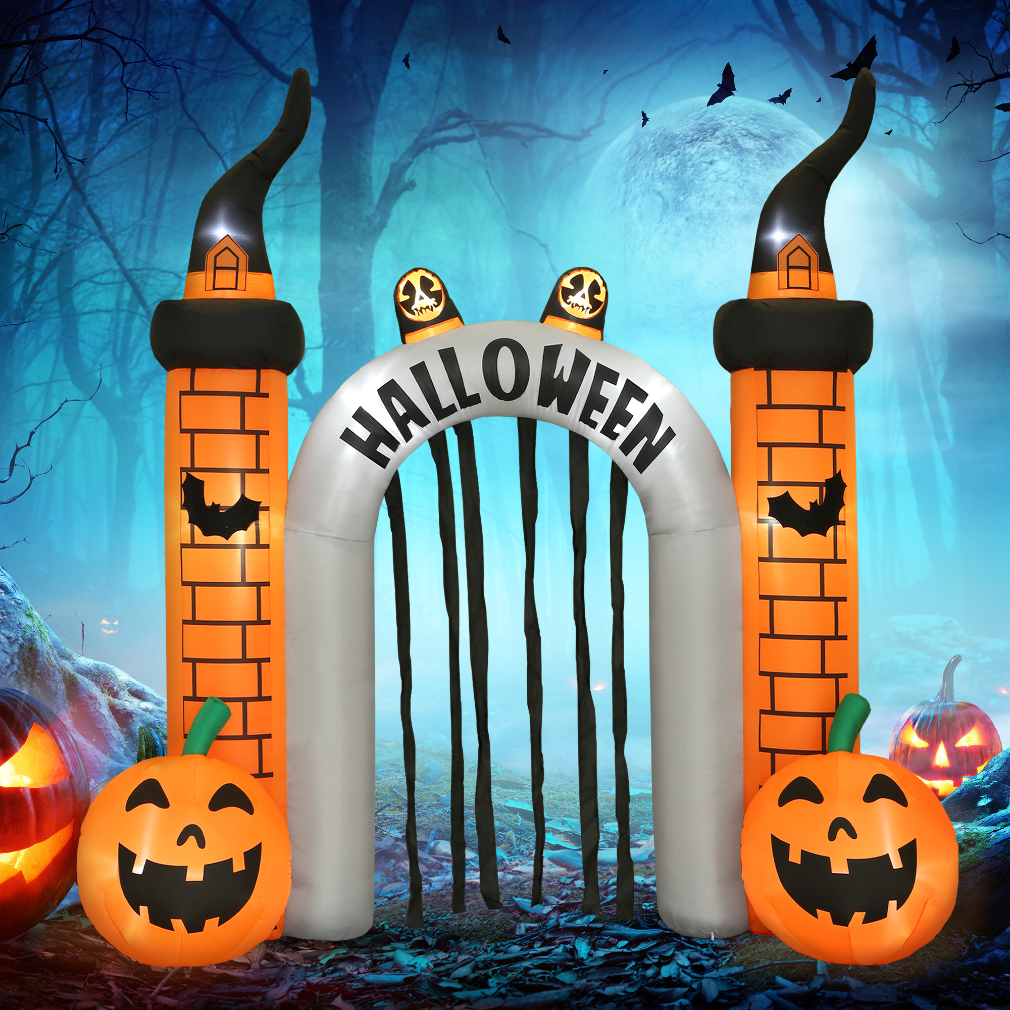 Aufblasbarer Halloween-Torbogen, Kürbis-Design, LEDs, Heringe, Polyester