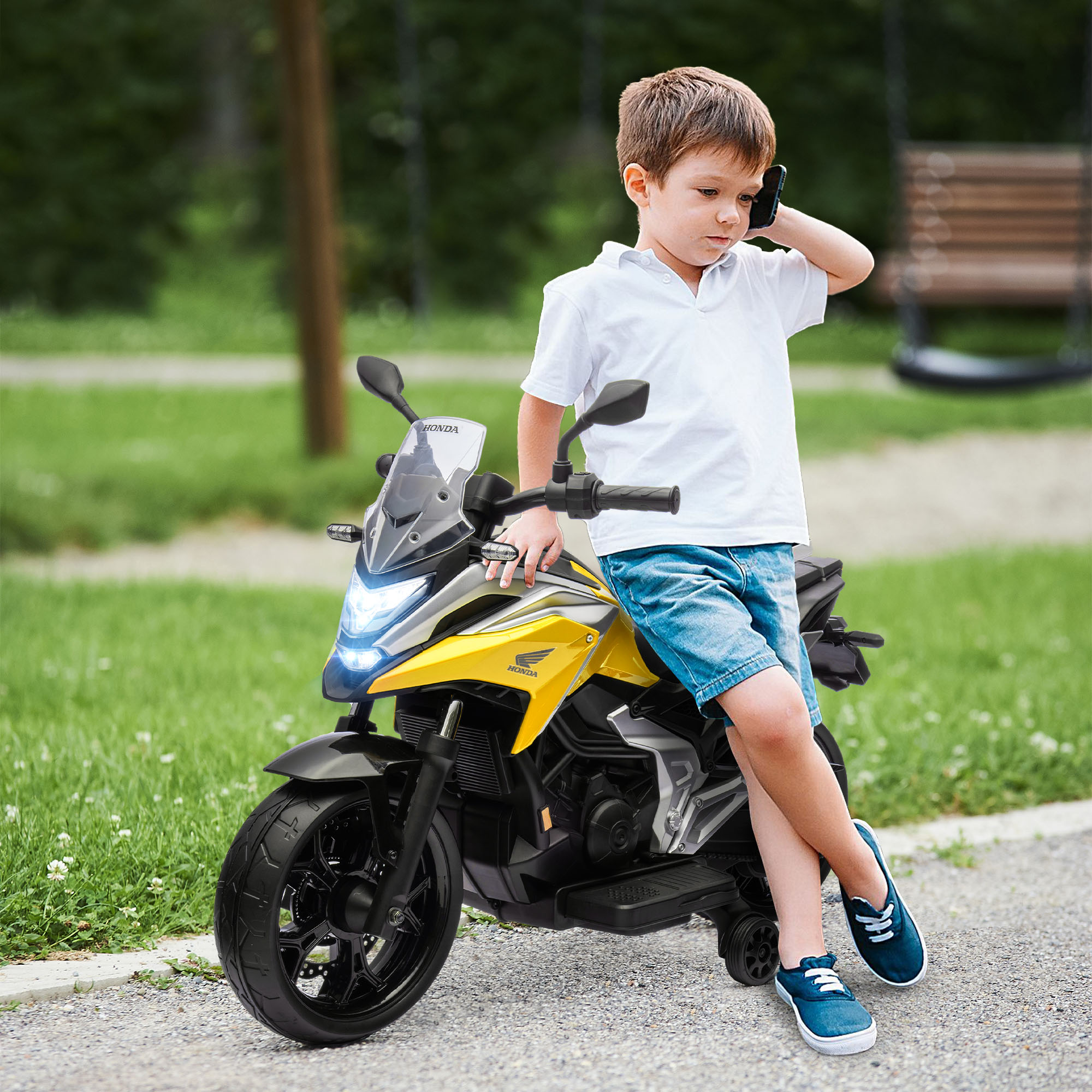 Elektro-Kindermotorrad, Honda, 3 km/h, Musik & Licht, 3-6 Jahre, bis 30 kg, Gelb