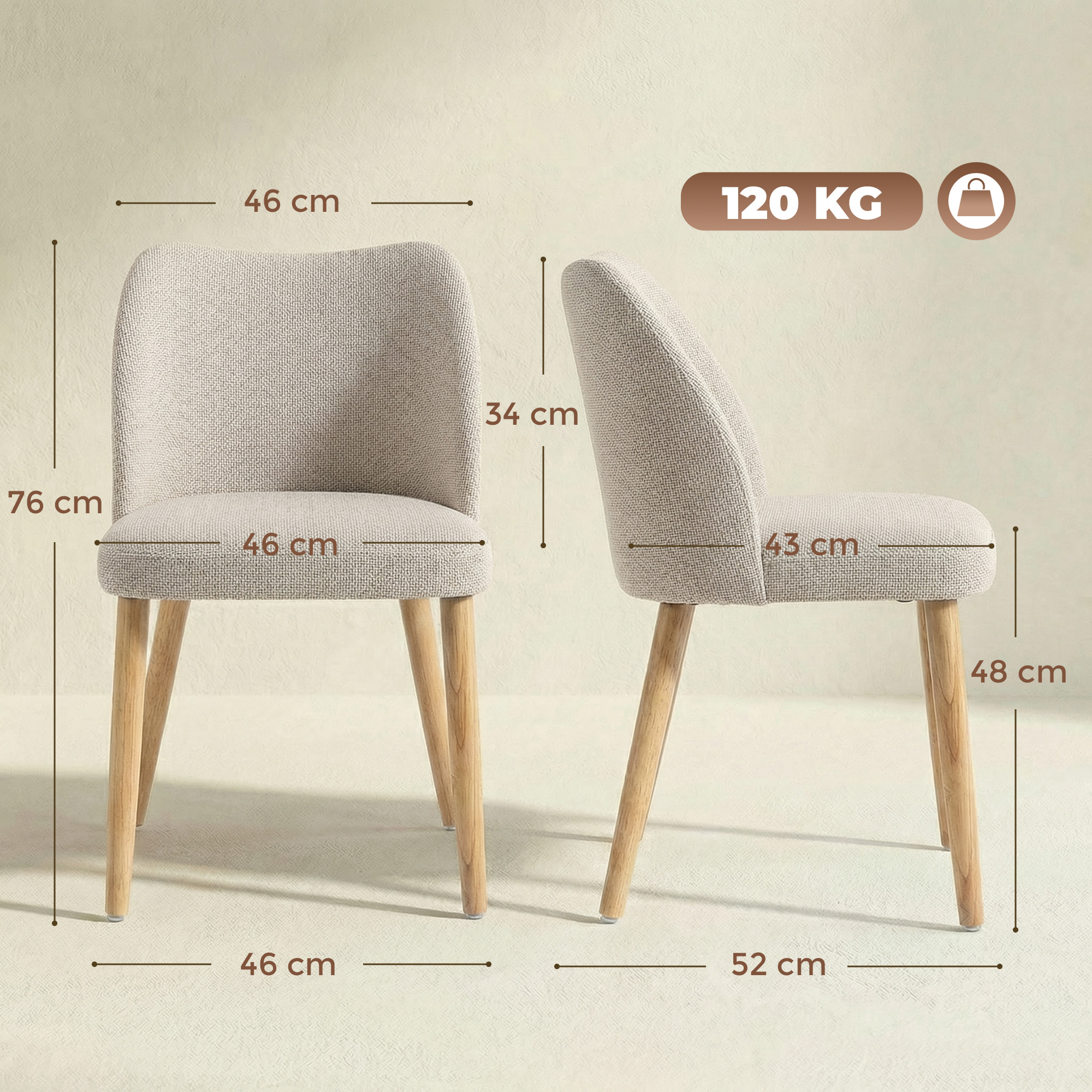 Esszimmerstühle 2er-Set, gepolsterte Küchenstühle mit Leinenoptik, für Esstisch, Wohnzimmer, Cremeweiß