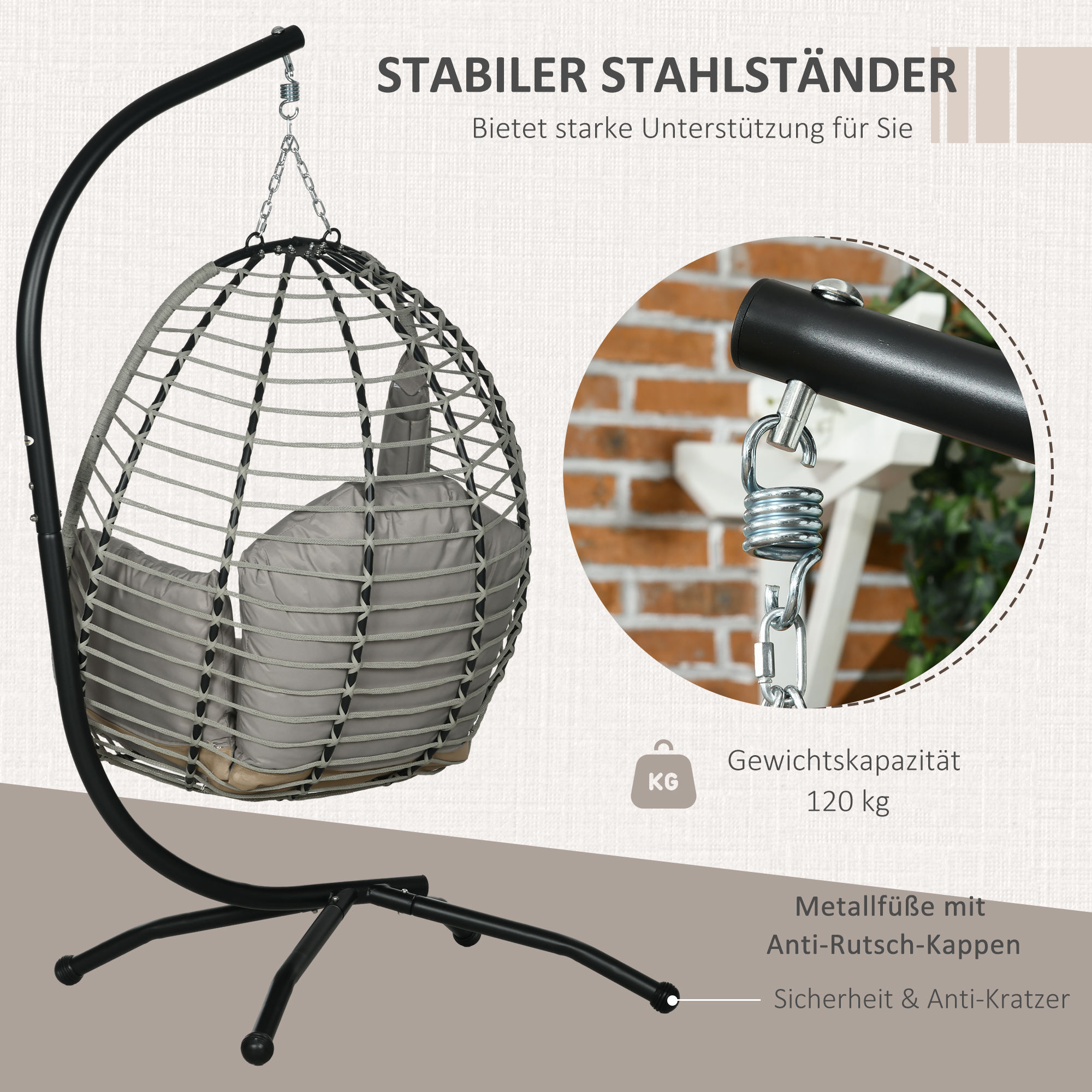Hängesessel, Sitz- und Rückenkissen, faltbarer Sitzkorb, Becherhalter, Metallgestell, Grau