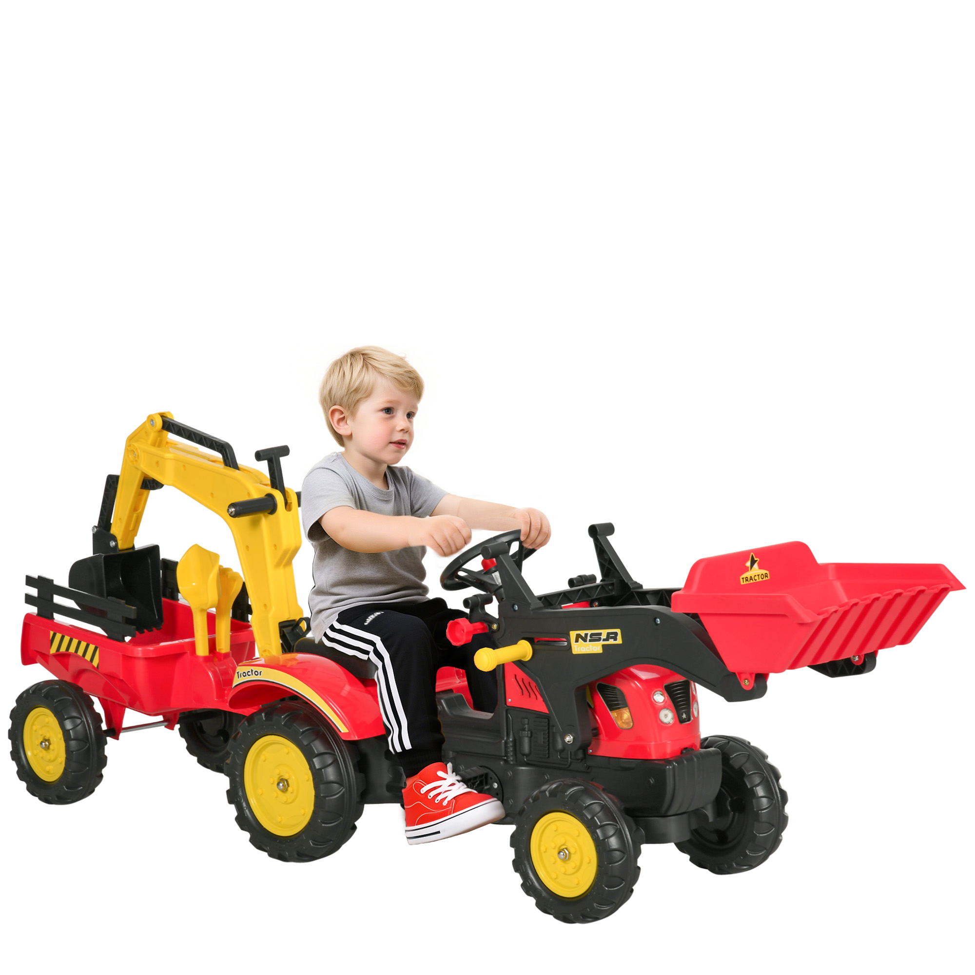 Trettraktor mit Anhänger, Frontlader, verstellbarer Schaufel, Traktor Tretfahrzeug für Kinder ab 3 Jahren Rot