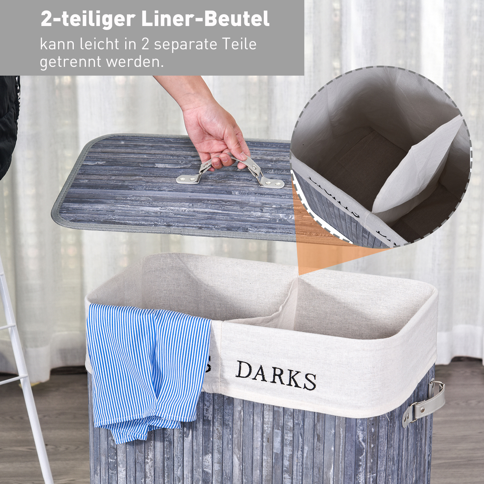 Bambus Wäschekorb mit Deckel 100 L Wäschesammler mit PU-Griffen, Wäschesack aus Segeltuch, Laundry Baskets Wäschesortierer für Waschküche Schlafzimmer Badezimmer Grau