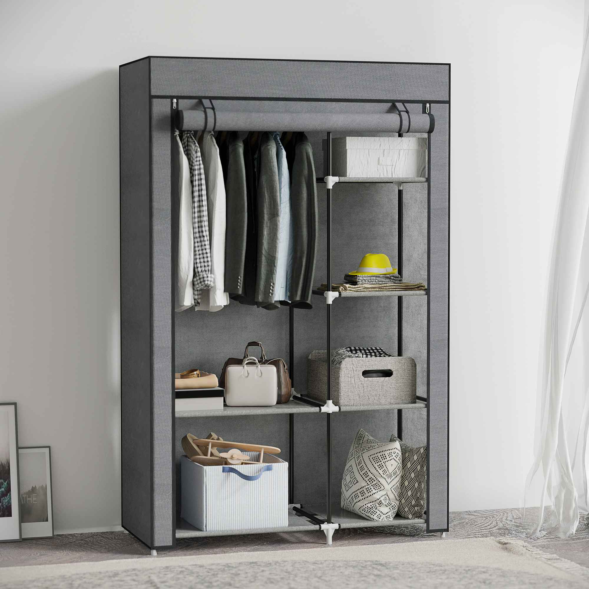 Schrank aus Stoff, Aufbewahrungslösung, 6 Regale, 1 Kleiderstange, Dunkelgrau