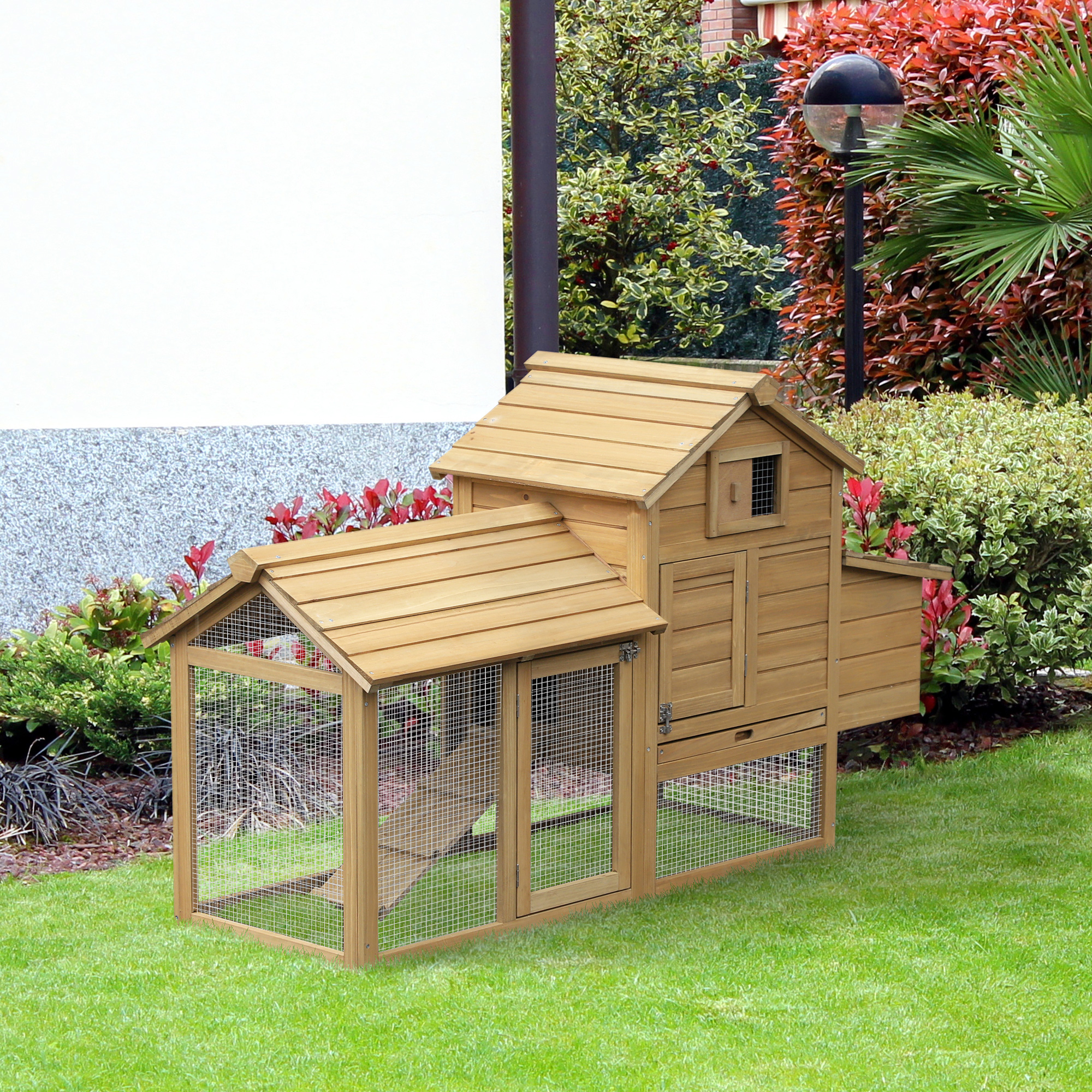 Hühnerstall Hühnerhaus aus Holz 151,5 x 54 x 87 cm, Freilaufgehege mit 2 Ebenen, 2 Türen, Nistkasten, wasserfestem Dach, Auslauf, Rampe, Hühnergehege für Garten, Natur