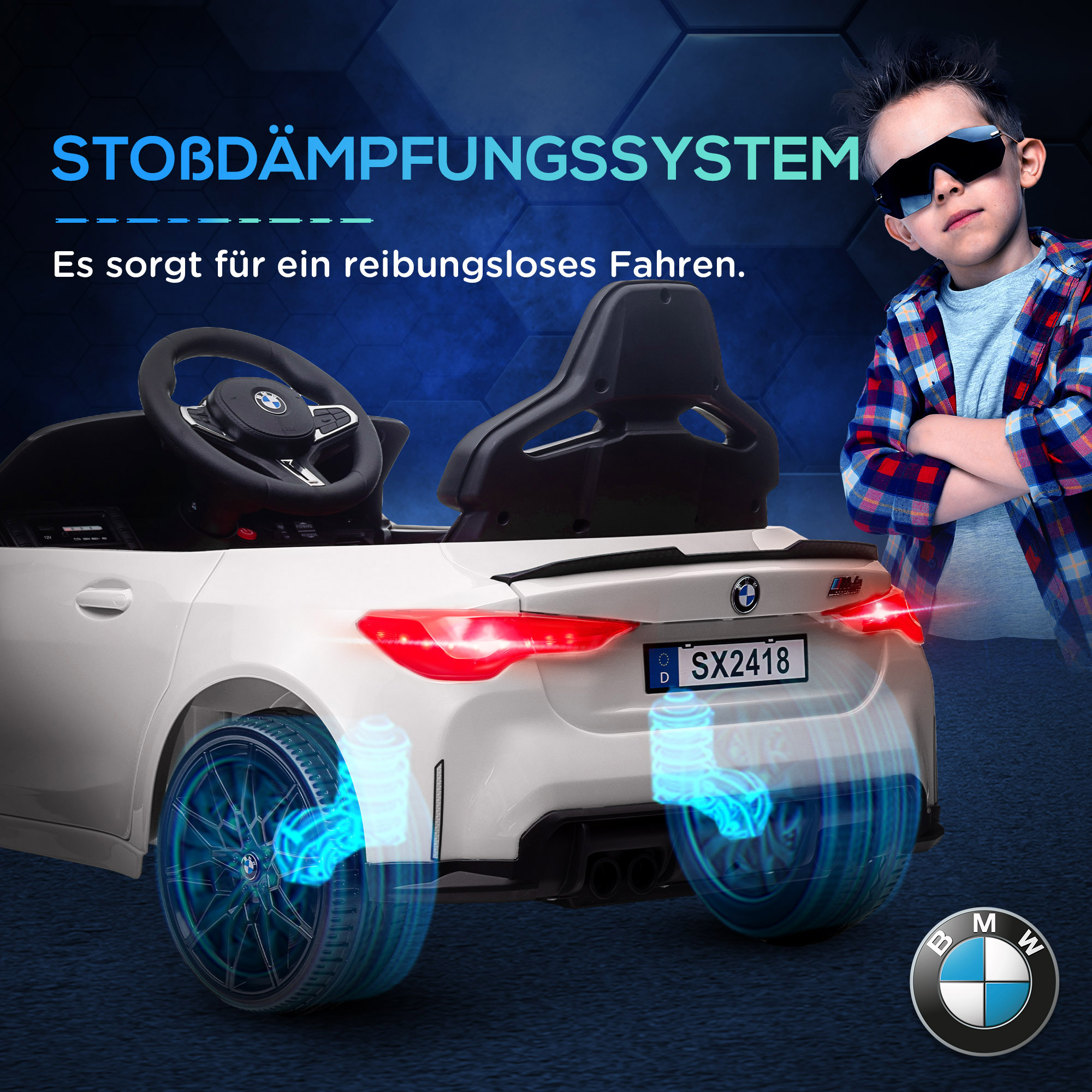 Elektro Kinderauto BMW M4, Sound & Licht, 3-5 km/h, inkl, Fernsteuerung, für 3-5 Jahre, Weiß