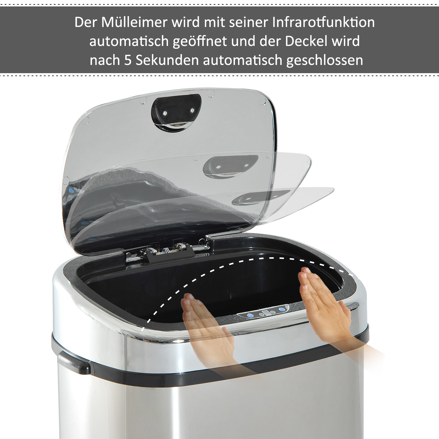 Sensor Mülleimer 68L Automatik Mülleimer mit Bewegungssensor, Wasserdichter Abfalleimer für Büro, Schlafzimmer, Küchen Edelstahl Silber