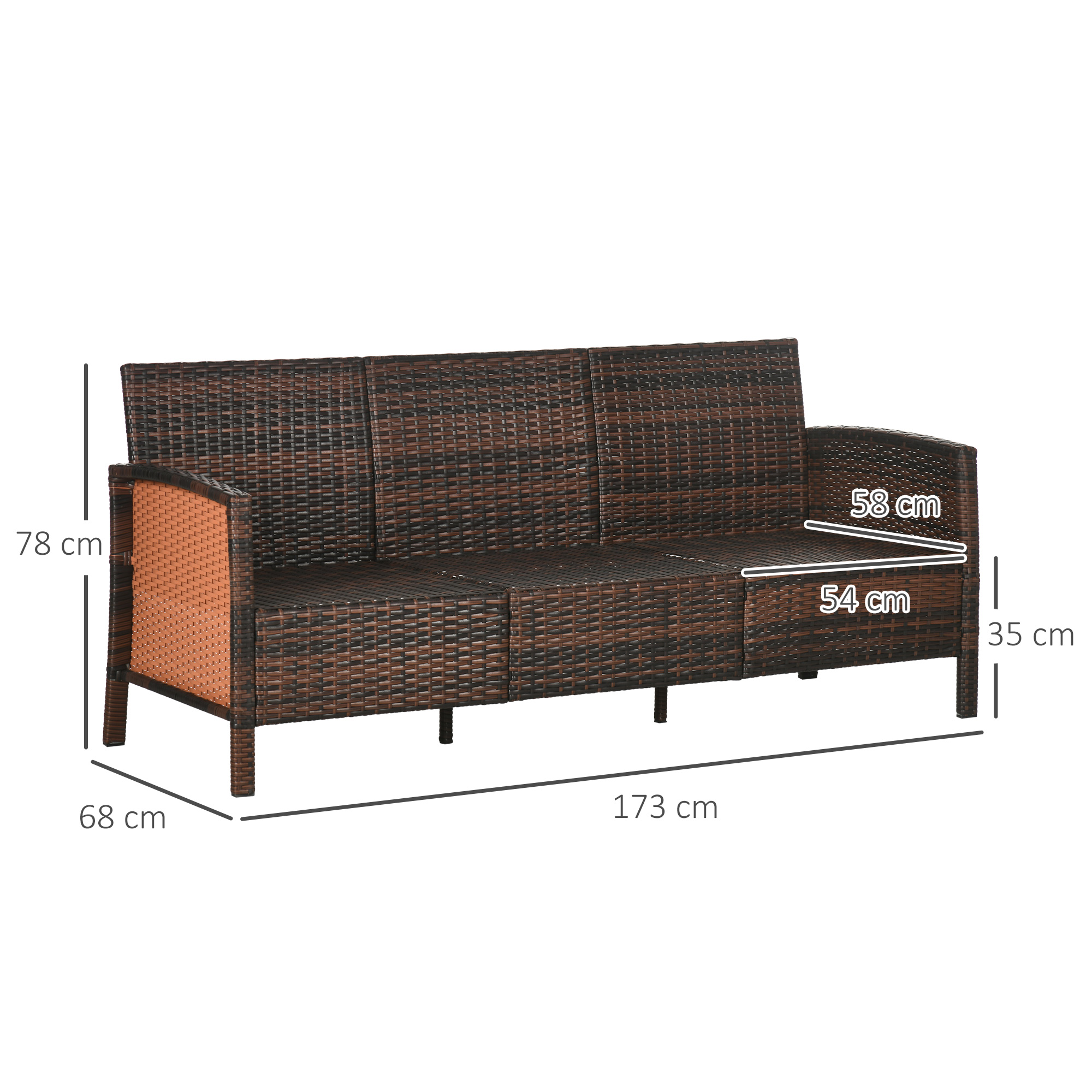 Rattan Sofa mit Kissen, Dreisitzer, Garten Loungesofa, Stahl, Braun, 173 x 68 x 78 cm