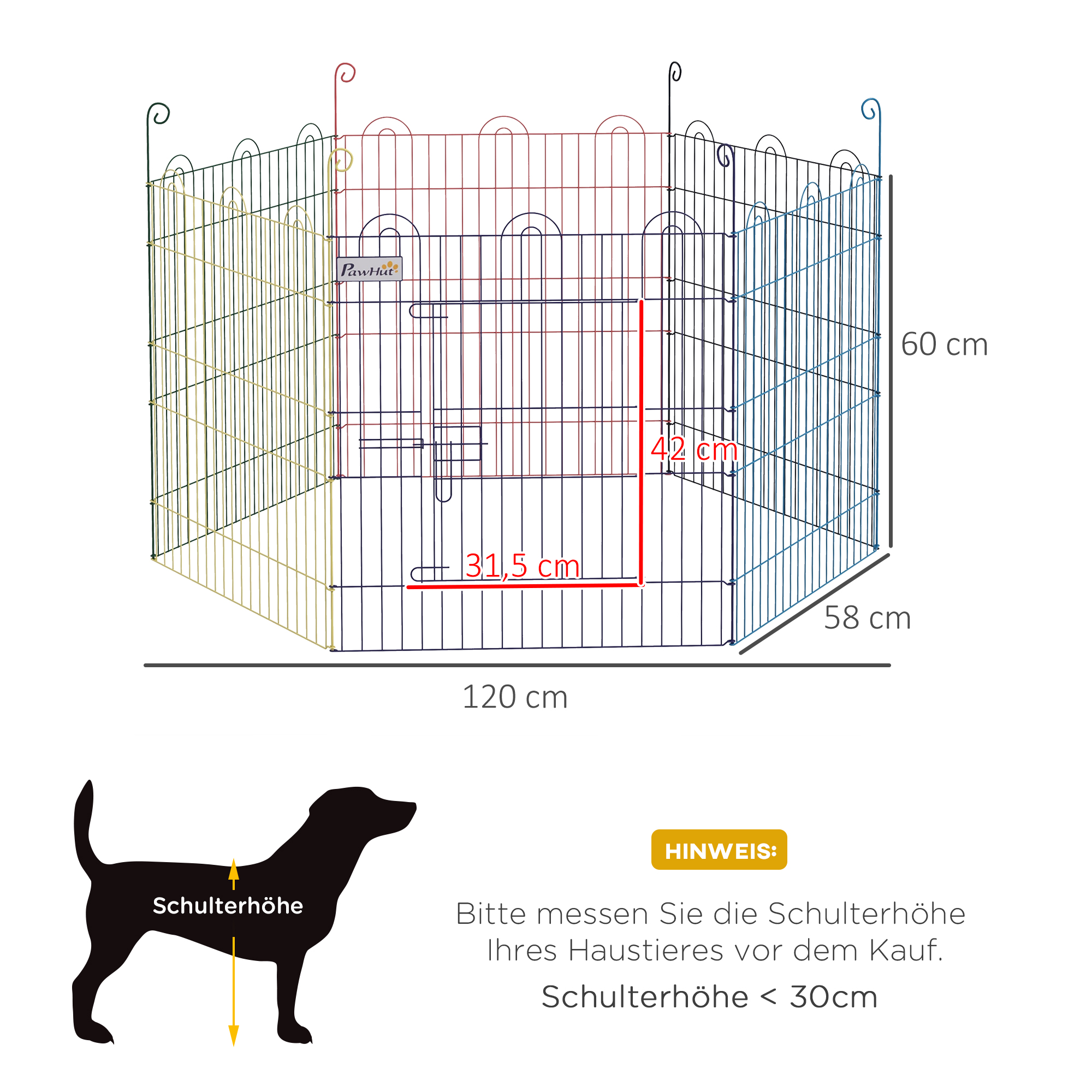 Freilaufgehege, Welpenauslauf, modulares Design, verriegelbar, Metall, Ø120x60H cm, Bunt