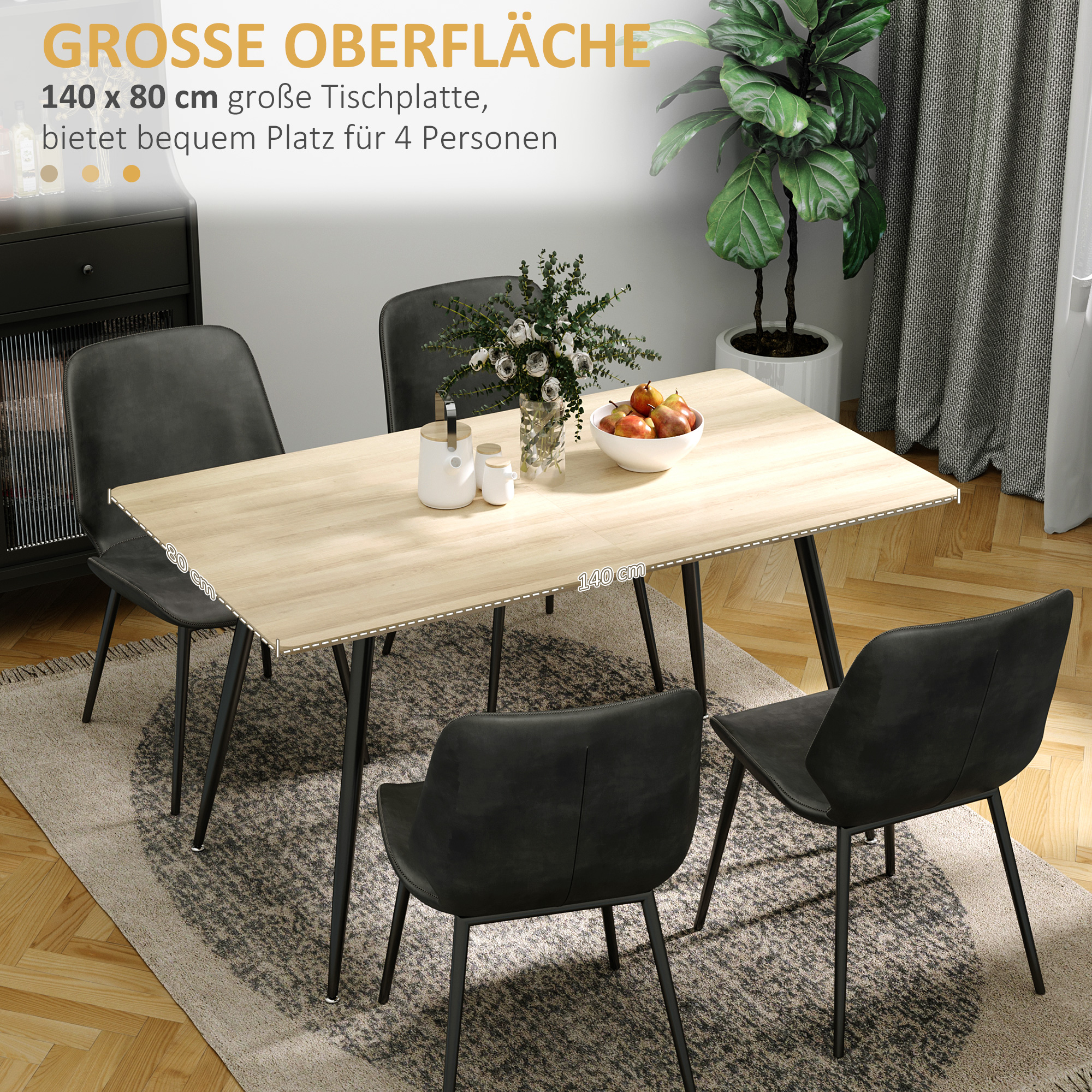 Esstisch im Skandi-Design, Küchentisch, für 4 Personen, Holzoptik, 140 cm x 80 cm x 76 cm, Natur + Schwarz