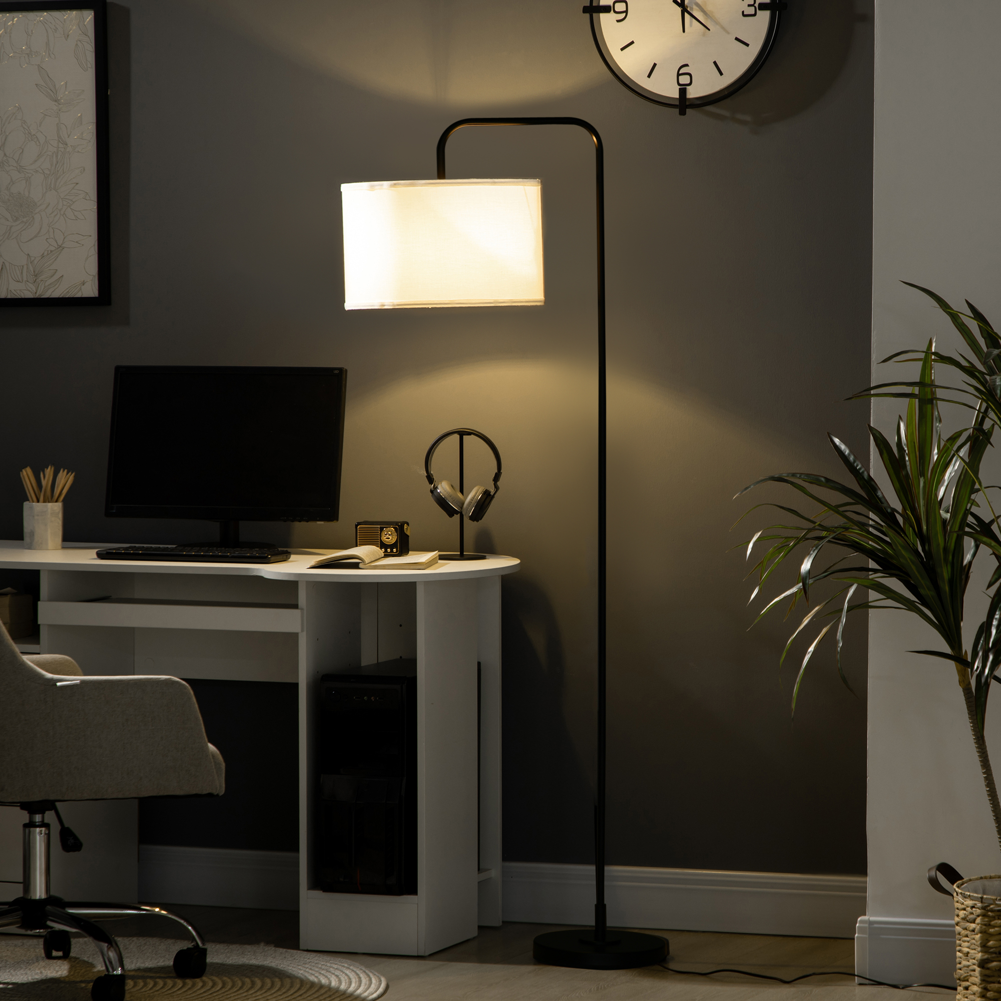 Stehlampe mit Fußschalter, Bodenlampe mit Stoffschirm, Stahl, Weiß