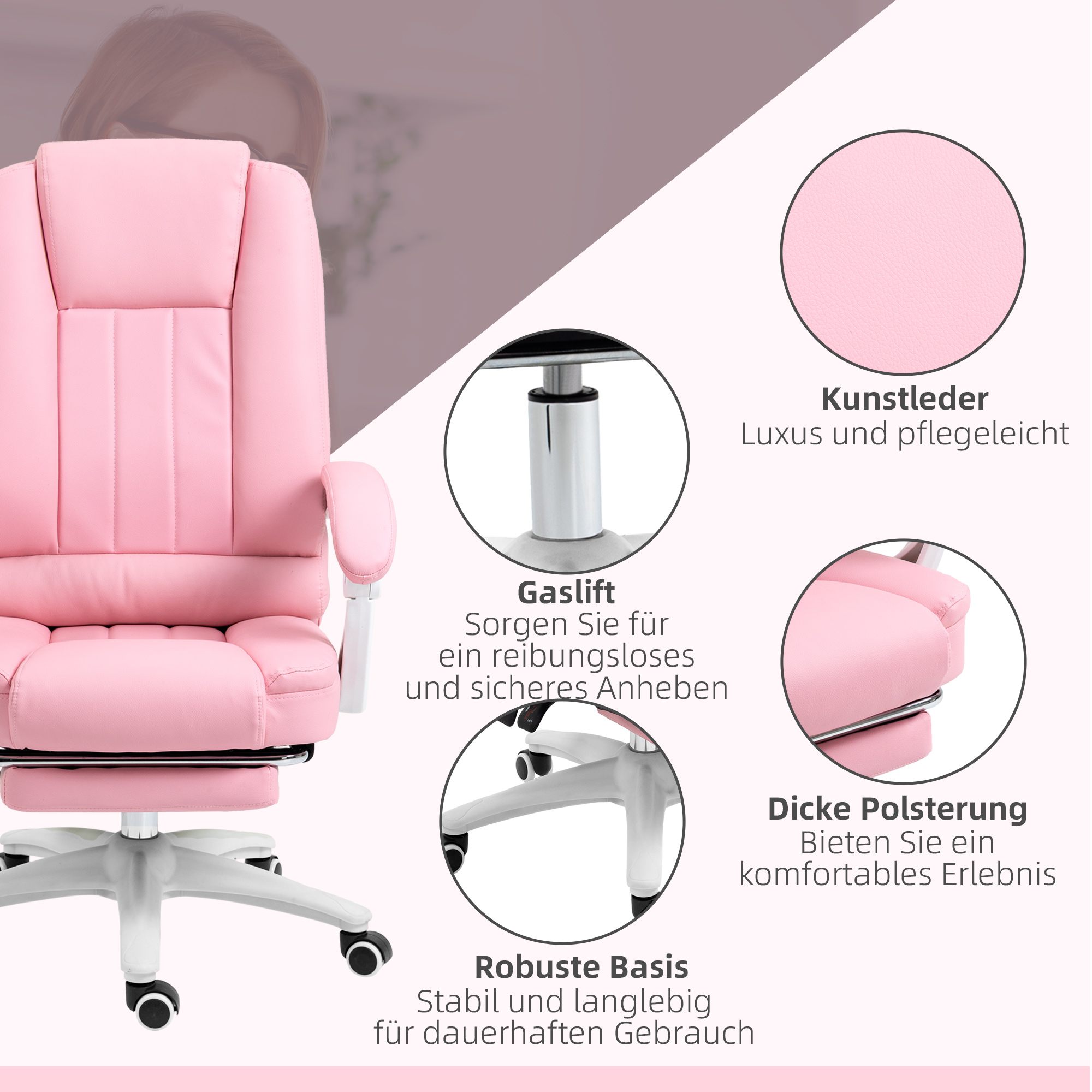 Bürostuhl mit Fußstütze, verstellbare Rückenlehne, höhenverstellbar, 5 Rollen, Rosa + Weiß